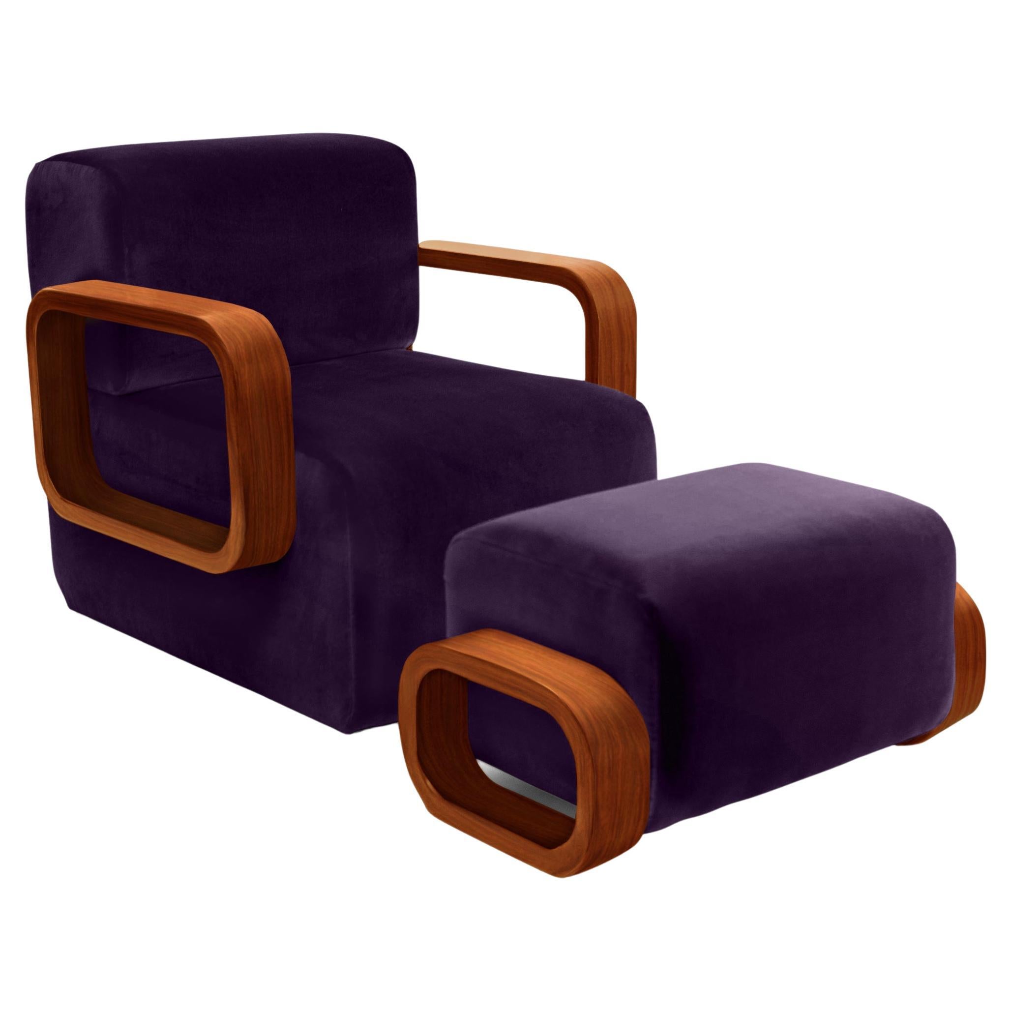 Cayenne Lounge Chair, Violet Velvet/High Gloss Varnish Brown Solid Oak