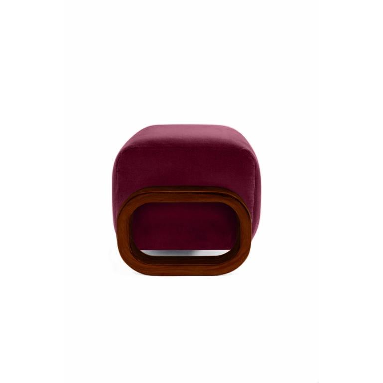 American Cayenne Ottoman, Cranberry Velvet / High Gloss Varnish Brown Solid Oak For Sale