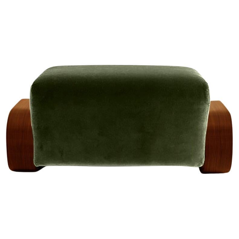 Cayenne Ottoman, Evergreen Velvet/ High Gloss Varnish Brown Solid Oak For Sale