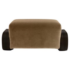 Pouf Cayenne, velours taupe / vernis haut de gamme en noyer