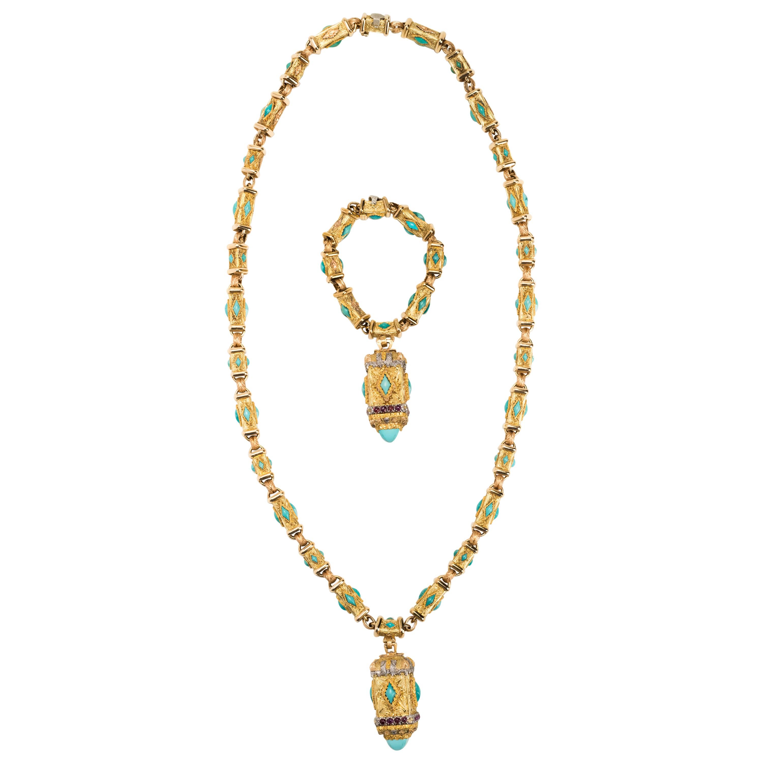 Cazzaniga Byzantine Style Gold Sautoir Necklace and Bracelet with Matching Charm For Sale