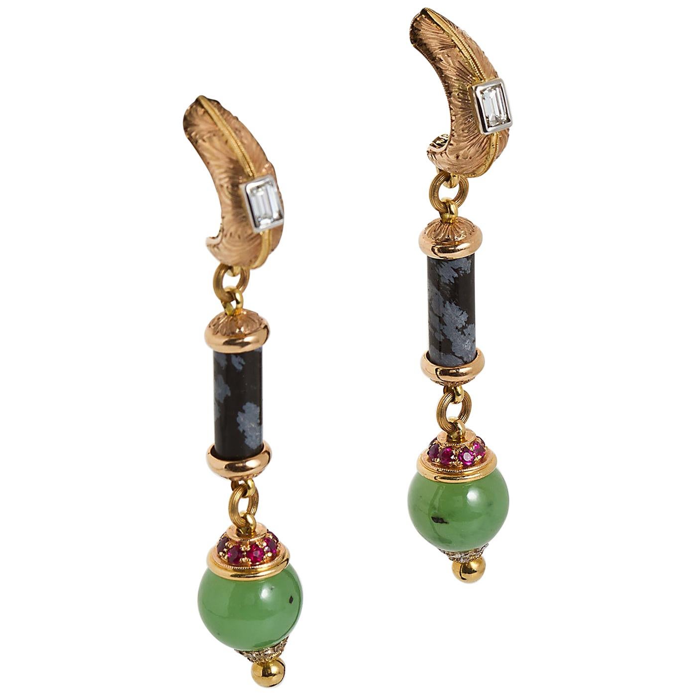 18 Karat Rose Gold Cazzaniga Diamond Multi Gem Dangle Earrings For Sale 4