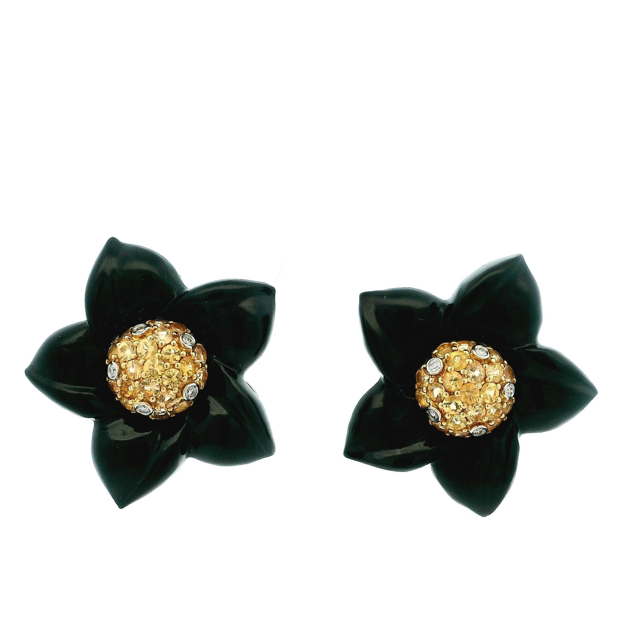 Boucles d'oreilles italiennes Cazzaniga en onyx sculpté, saphir jaune et diamant, à motif floral en vente 4