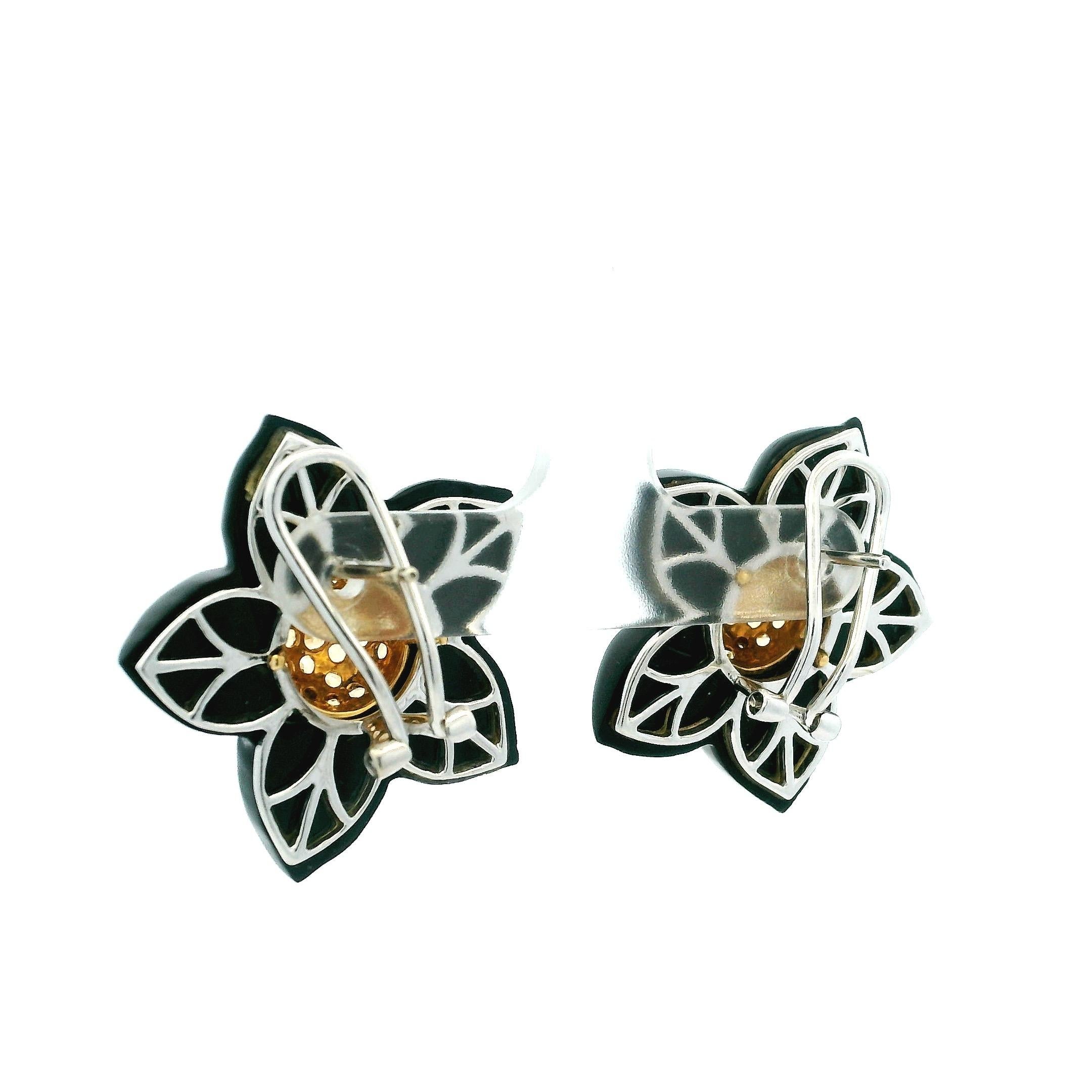 Boucles d'oreilles italiennes Cazzaniga en onyx sculpté, saphir jaune et diamant, à motif floral en vente 1