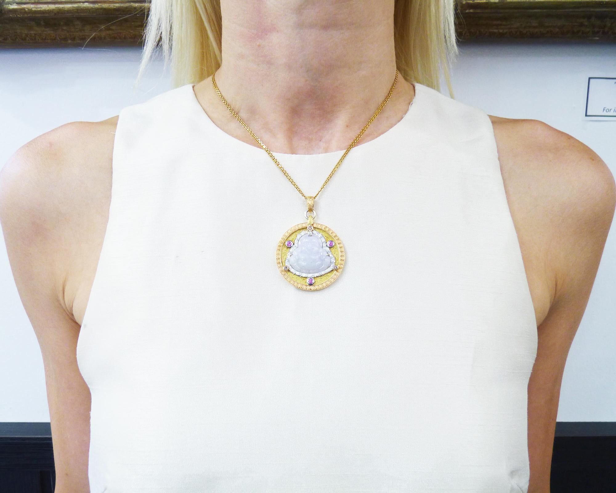 Contemporary Cazzaniga Pendant in 18 Karat Yellow Gold with Diamonds, Ruby and Lavender Jade