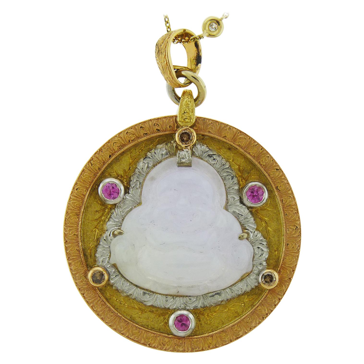 Cazzaniga Pendant in 18 Karat Yellow Gold with Diamonds, Ruby and Lavender Jade