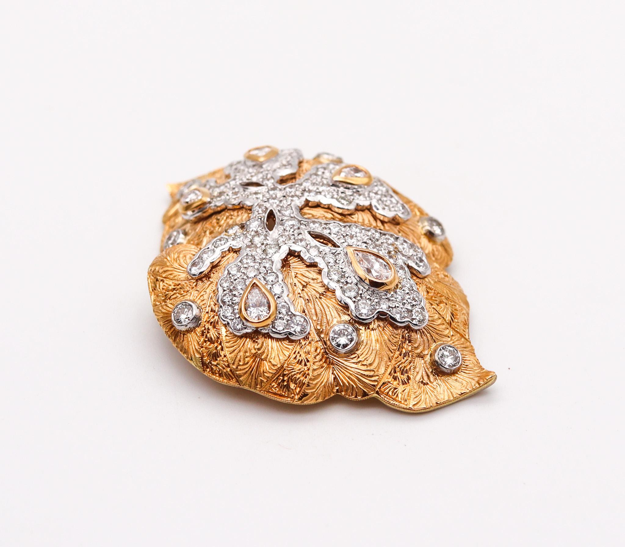 Abstract brooch designed by Cazzaniga.

An exceptional abstract brooch, created in Roma Italy by the fine jewelry house of Cazzaniga, back in the 1970. This brooch has been crafted in the shape of an irregular leaf, with intricate patterns of