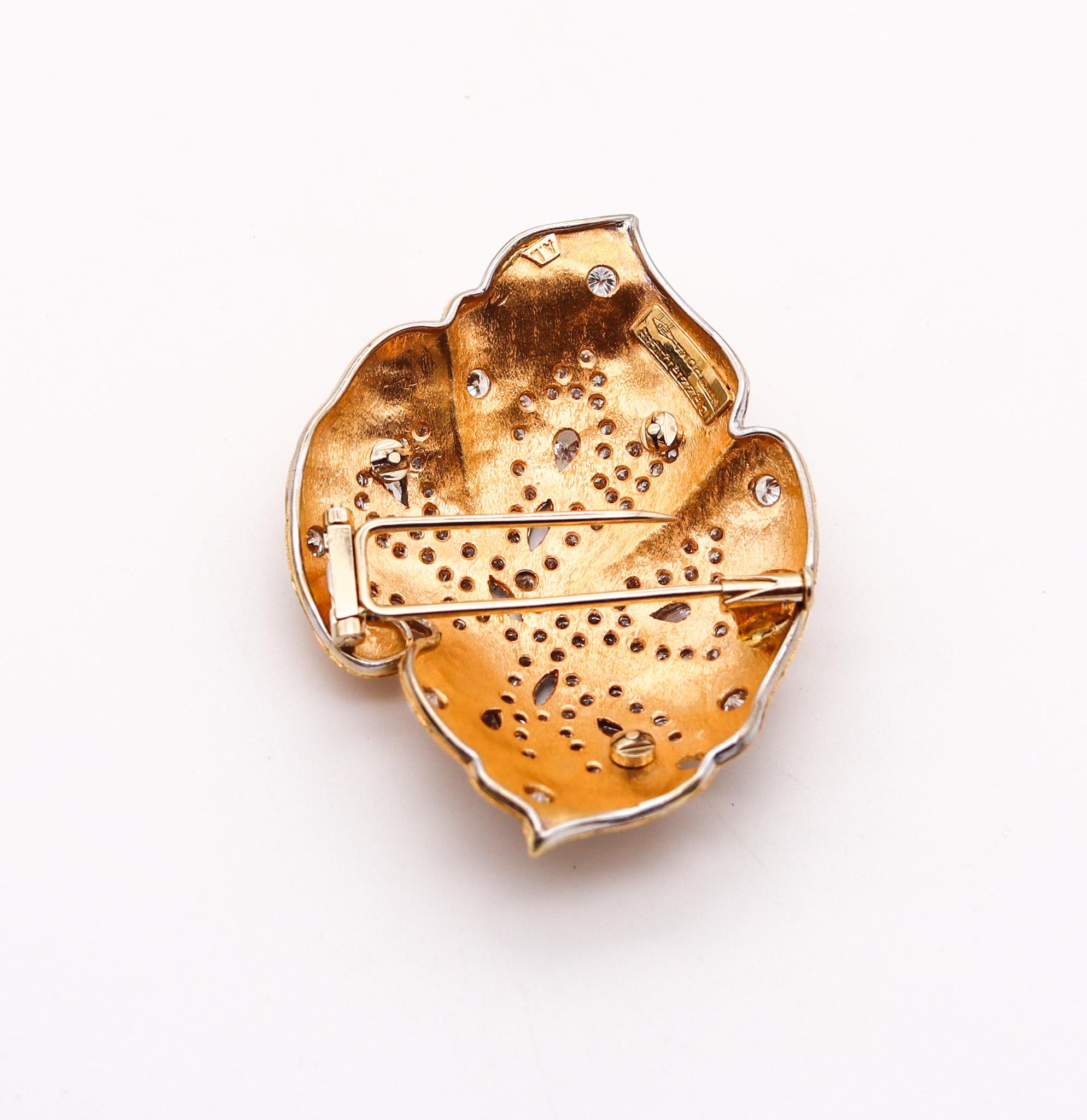 Baroque Revival Cazzaniga Roma 1970 Abstract Leaf Brooch in 18kt Gold with 6.25 Ctw in Diamonds