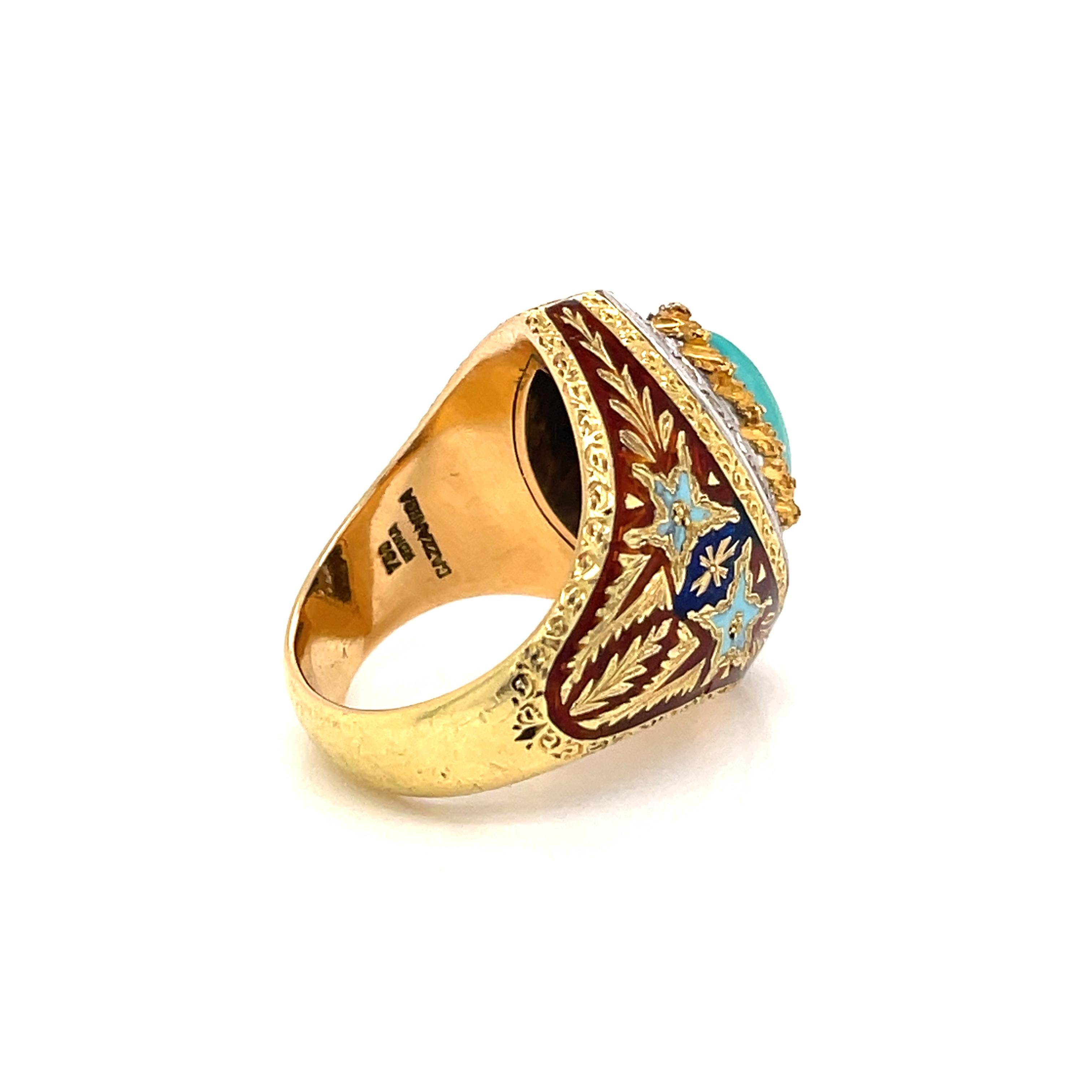 Cazzaniga Rome Diamond Turquoise Enamel Gold Engraved Ring For Sale 2