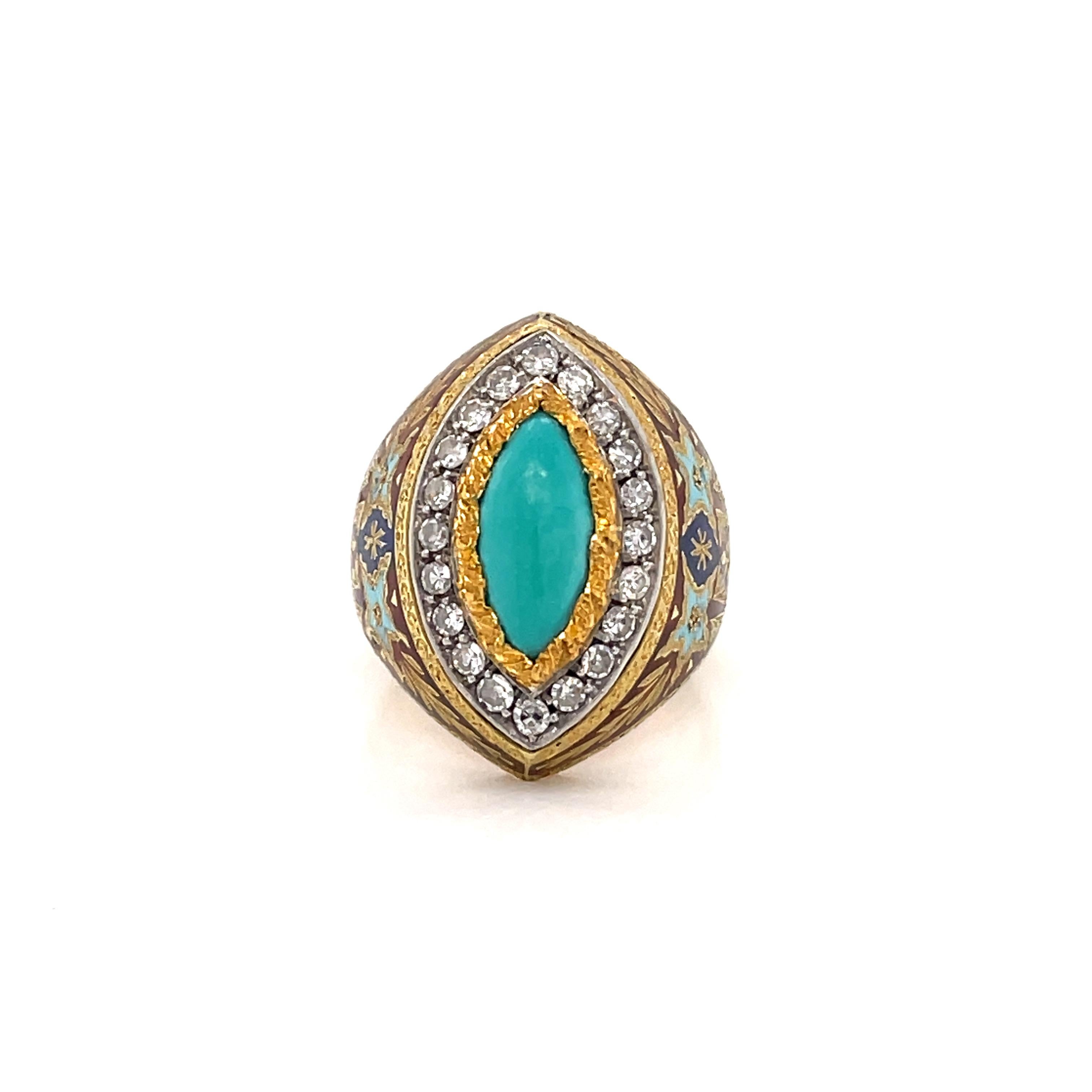 An iconic 18kt yellow gold ring by Roman master Cazzaniga, decorated with fine enamels, it features a natural turquoise with an halo of round brilliant cut diamonds. Made in Italy, circa 1970.
The ring measures a size 5.5, no sizable.
Hallmarks: