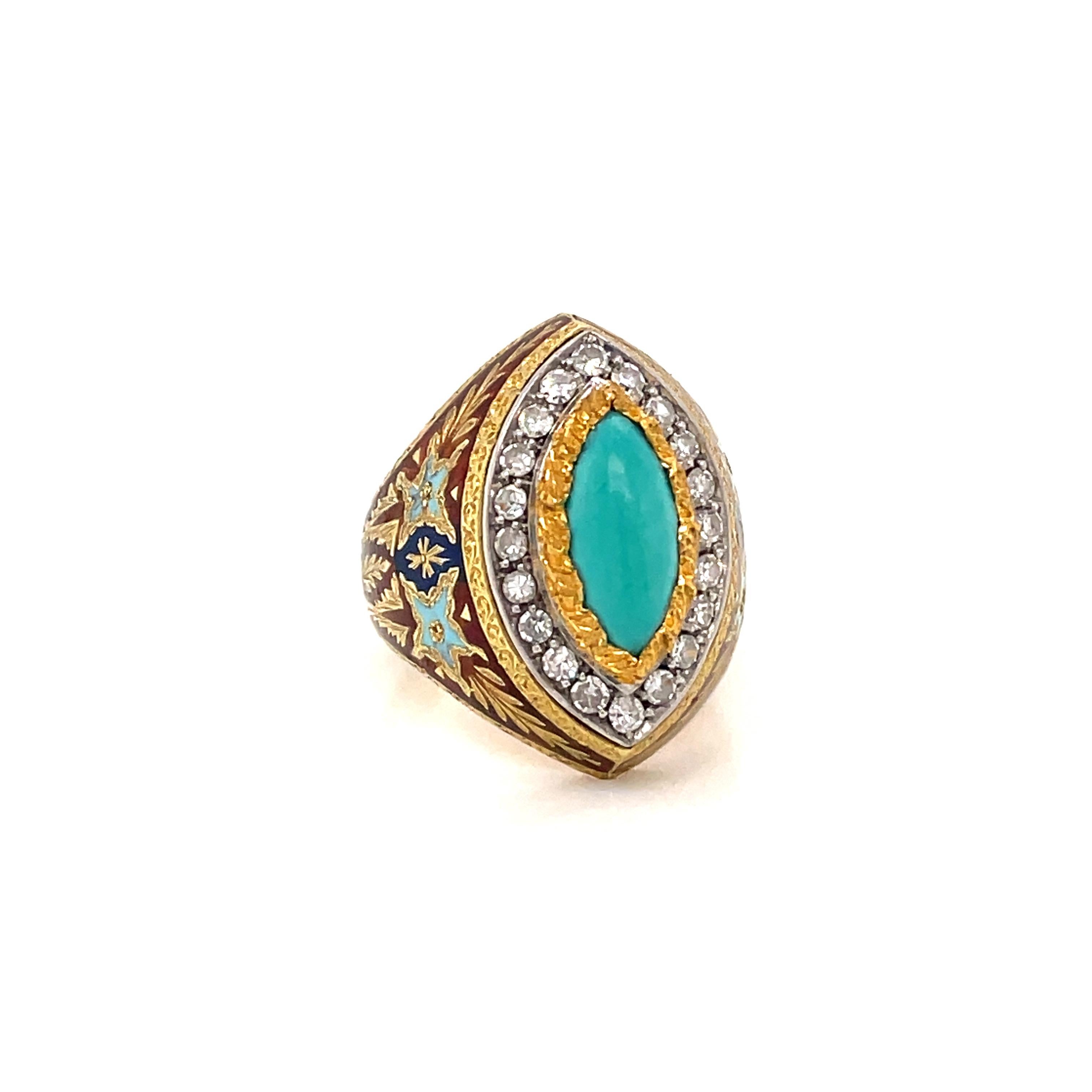 Contemporary Cazzaniga Rome Diamond Turquoise Enamel Gold Engraved Ring For Sale