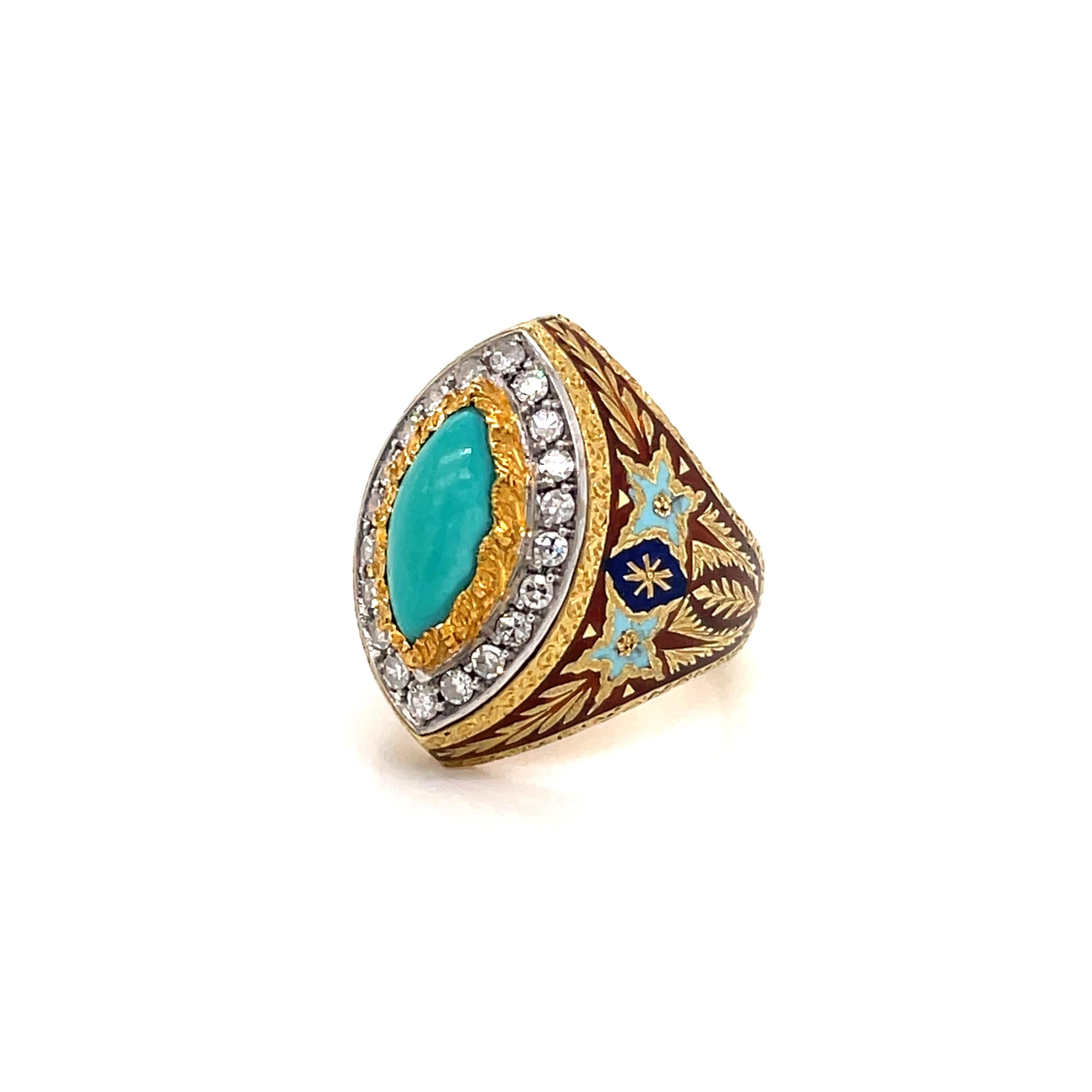 Mixed Cut Cazzaniga Rome Diamond Turquoise Enamel Gold Engraved Ring For Sale