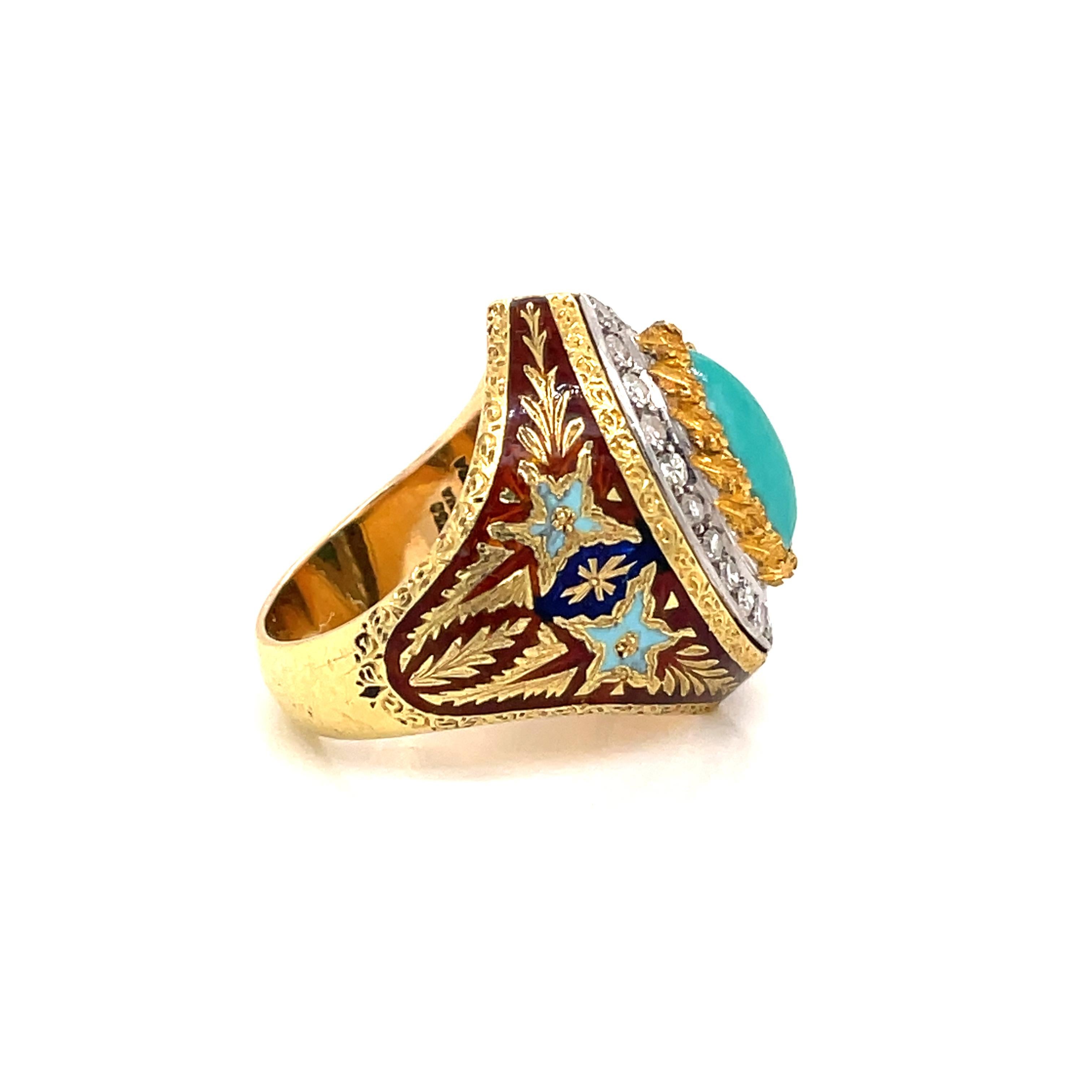 Contemporary Cazzaniga Rome Diamond Turquoise Enamel Gold Engraved Ring For Sale