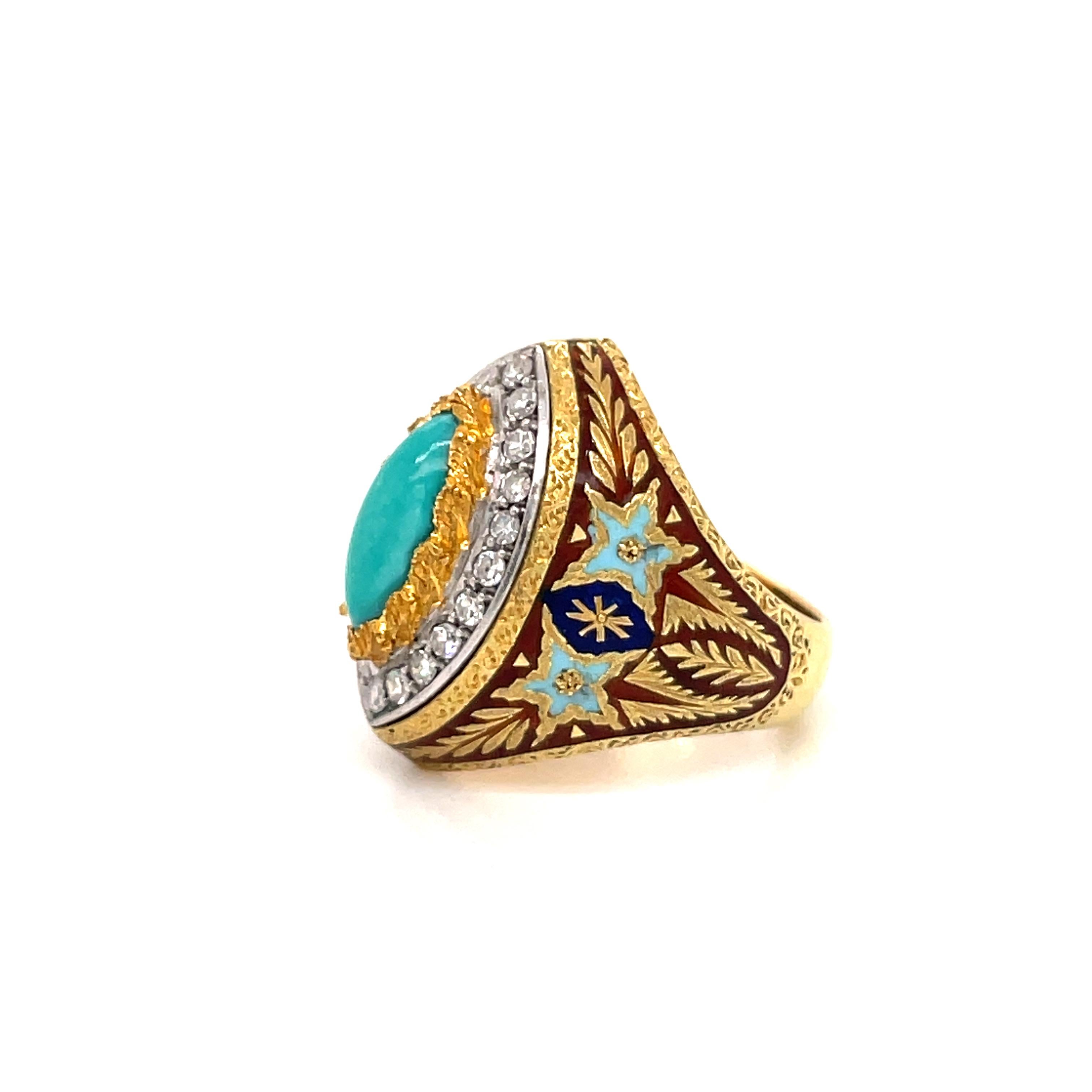 Mixed Cut Cazzaniga Rome Diamond Turquoise Enamel Gold Engraved Ring For Sale