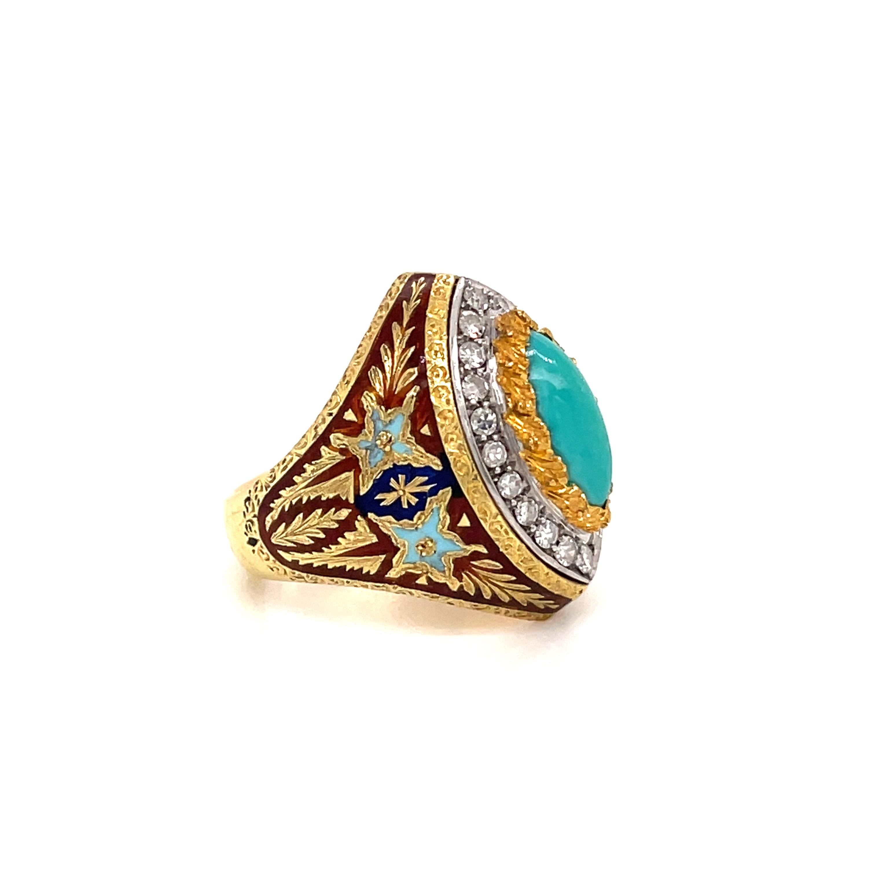 Cazzaniga Rome Diamond Turquoise Enamel Gold Engraved Ring In Excellent Condition For Sale In Napoli, Italy