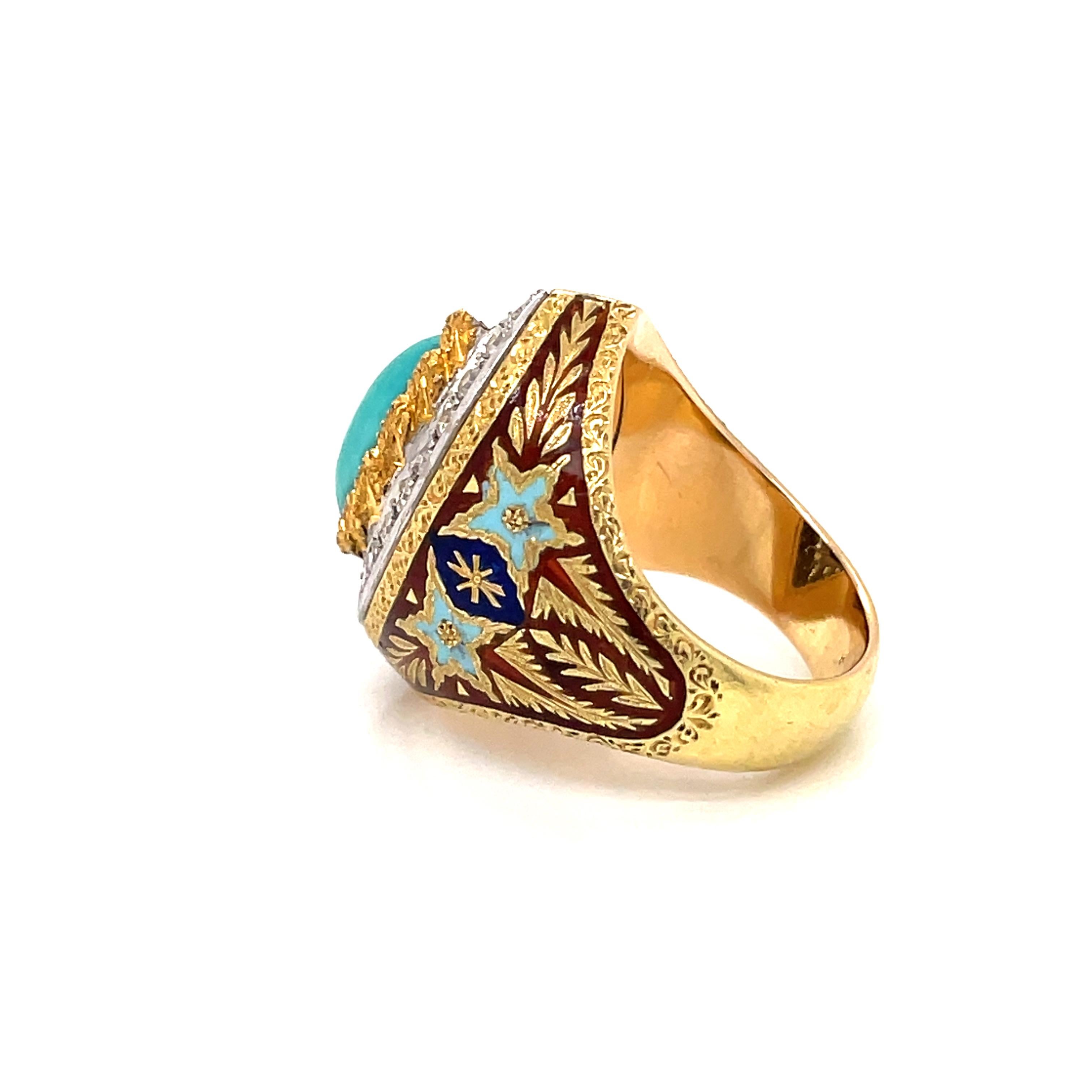 Women's Cazzaniga Rome Diamond Turquoise Enamel Gold Engraved Ring For Sale