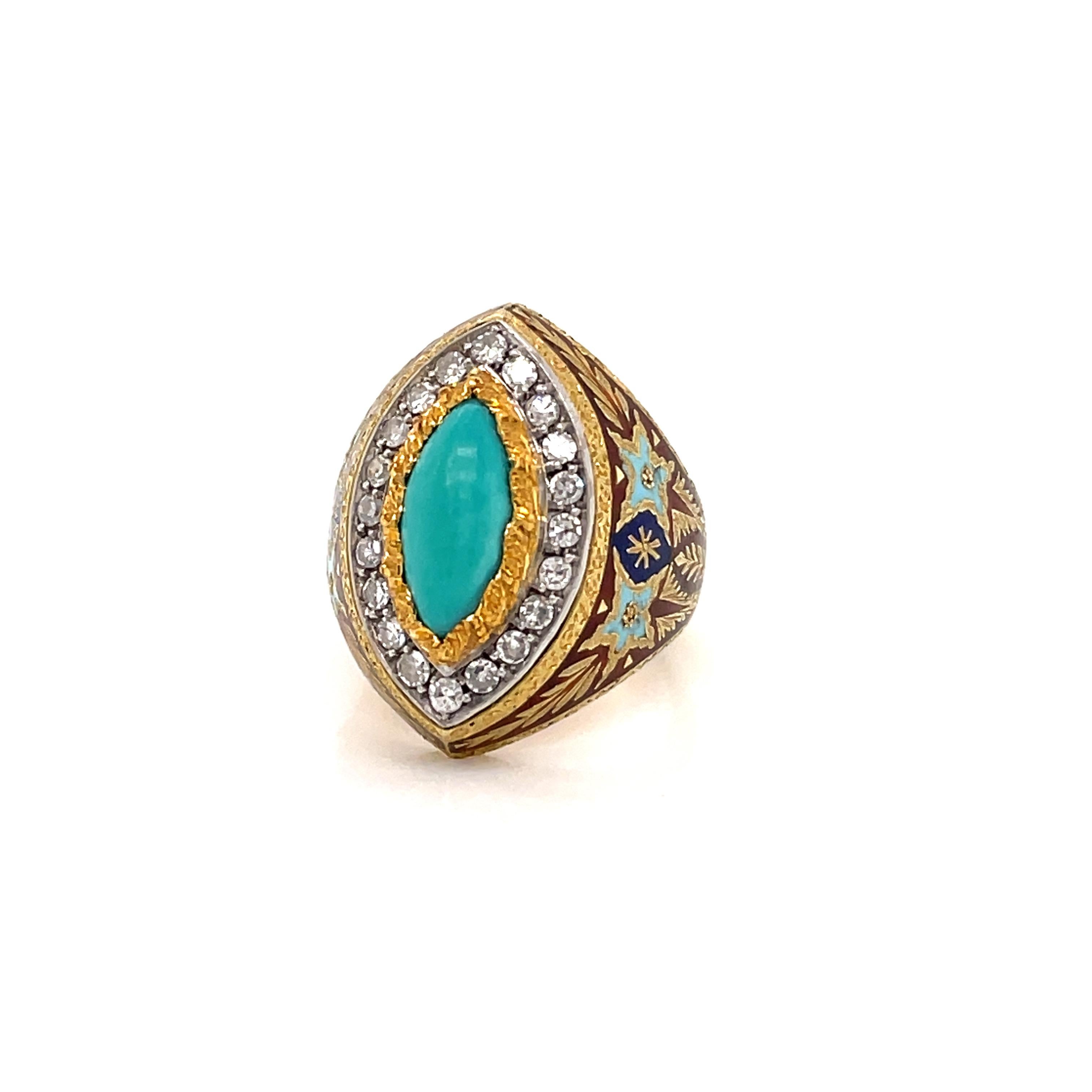 Cazzaniga Rome Diamond Turquoise Enamel Gold Engraved Ring For Sale 3