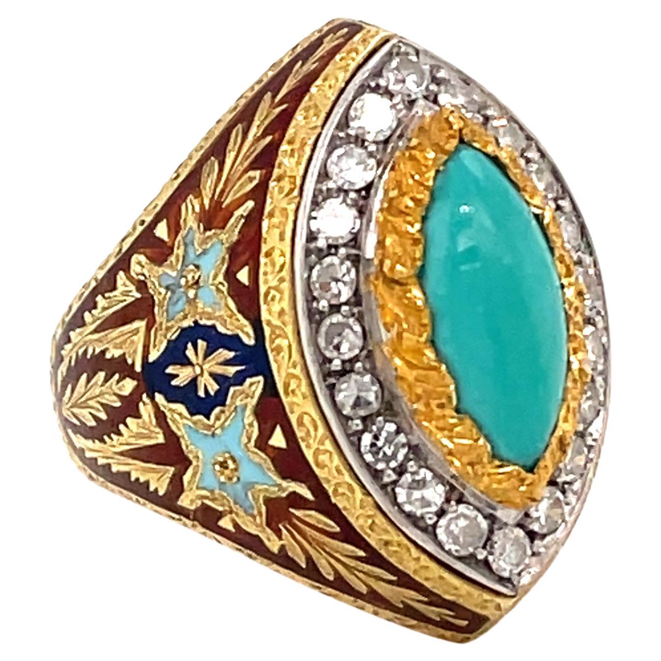 Cazzaniga Rome Diamond Turquoise Enamel Gold Engraved Ring For Sale