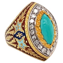 Vintage Cazzaniga Rome Diamond Turquoise Enamel Gold Engraved Ring