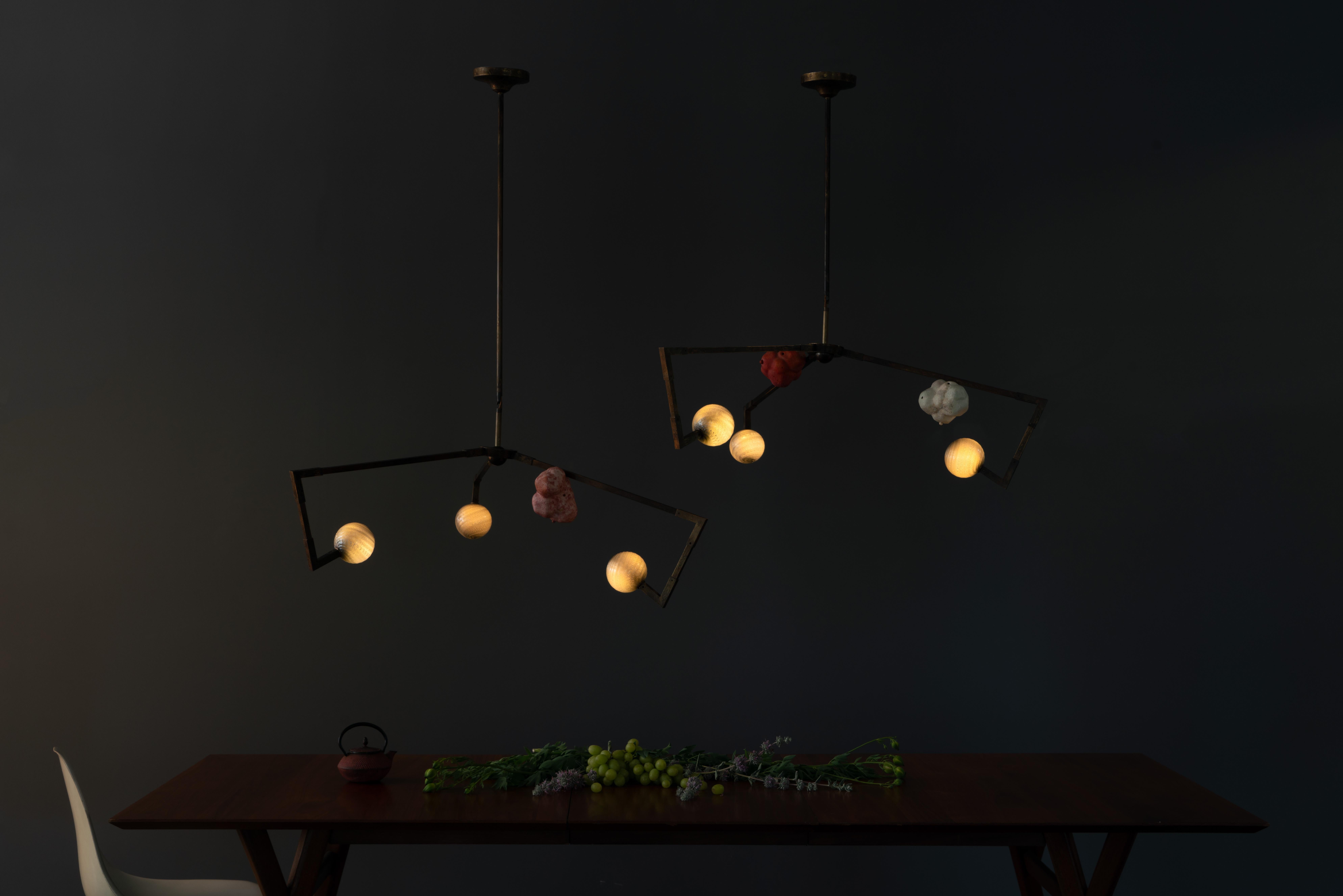 Modern CB/ASYM Chandelier Etched Brass, Porcelain, Glass Handmade Andrea Claire Studio For Sale