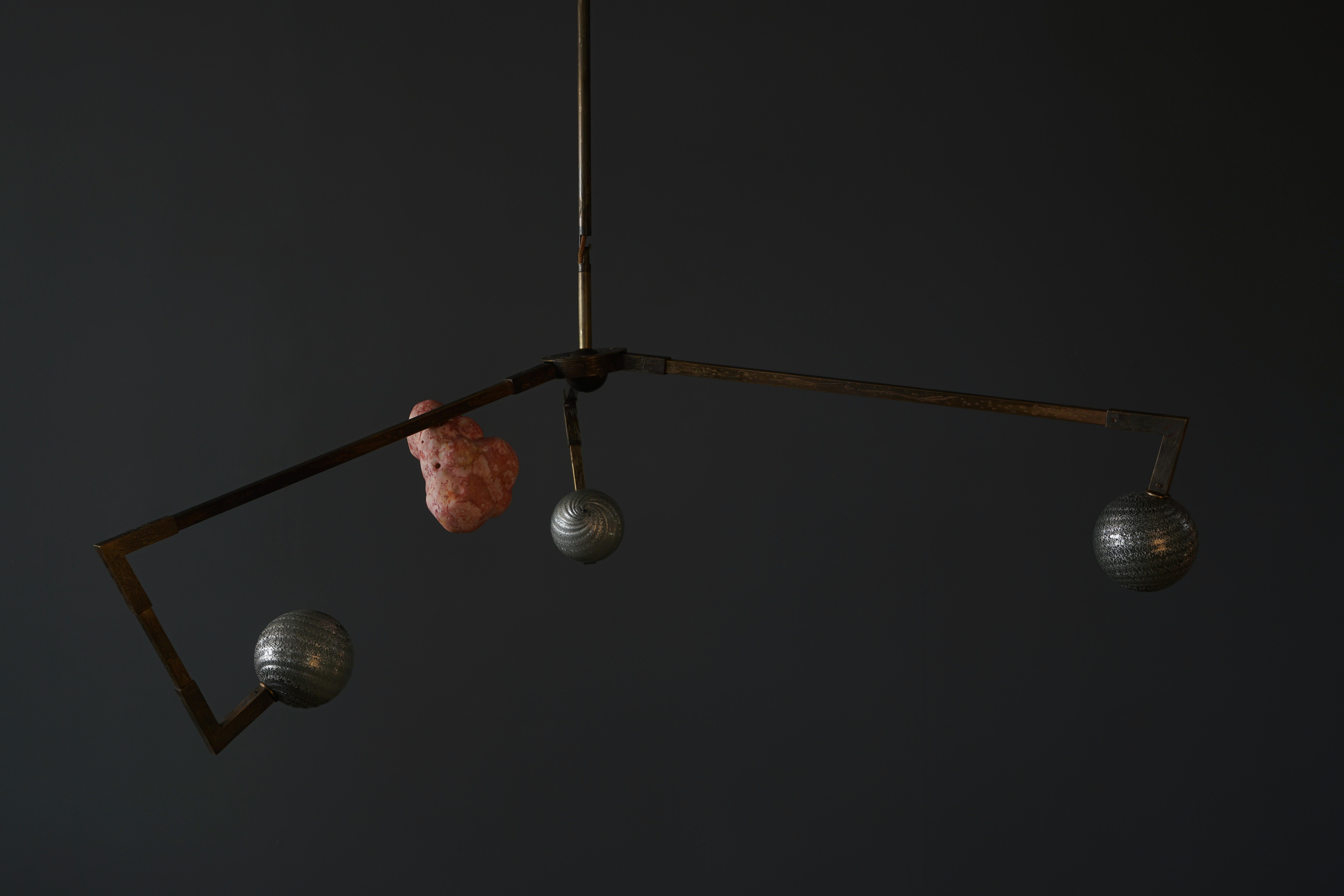 CB/ASYM Chandelier Etched Brass, Porcelain, Glass Handmade Andrea Claire Studio In New Condition For Sale In Los Angeles, CA