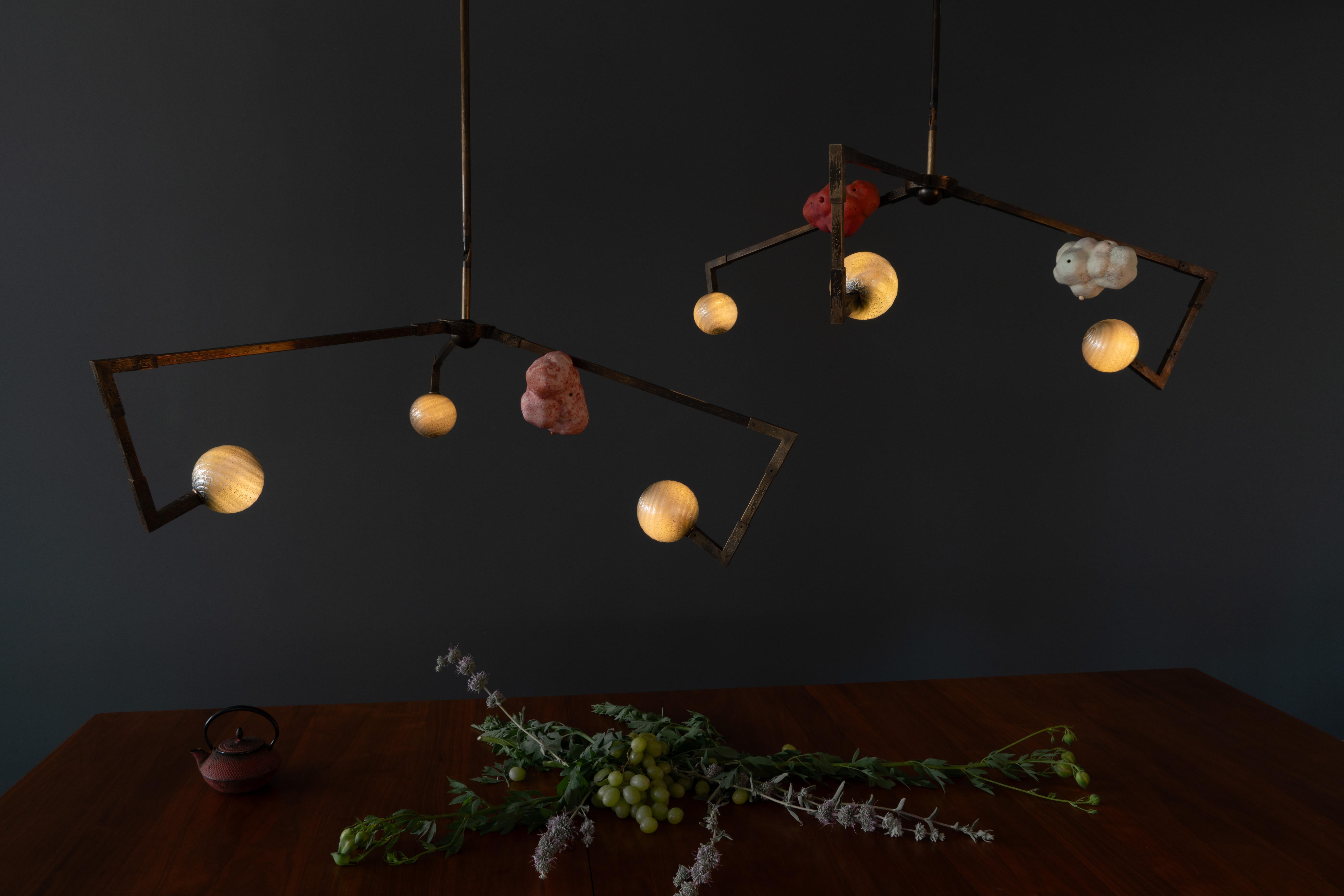 Contemporary CB/ASYM Chandelier Etched Brass, Porcelain, Glass Handmade Andrea Claire Studio For Sale