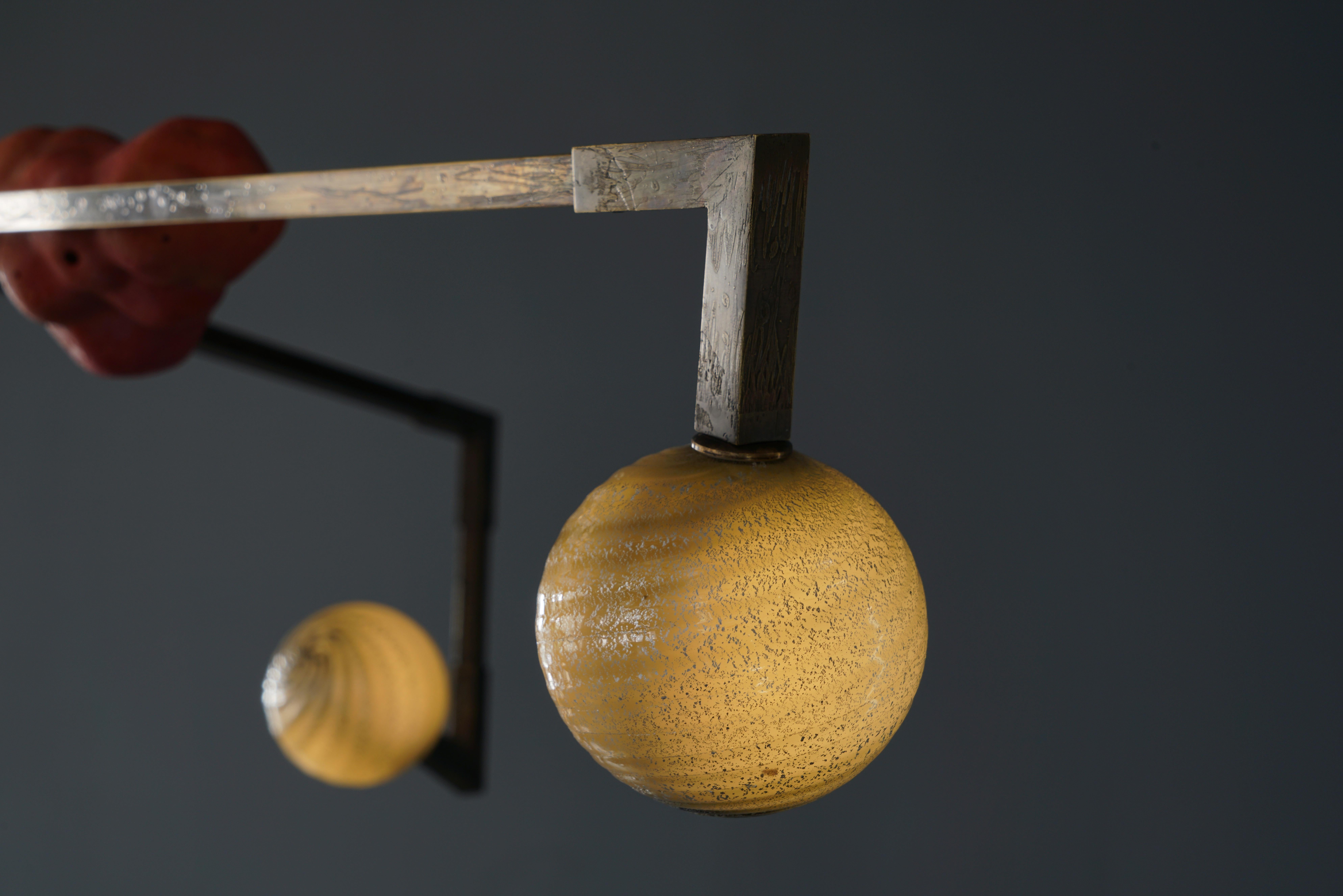 Blown Glass CB/ASYM Chandelier Etched Brass, Porcelain, Glass Handmade Andrea Claire Studio For Sale