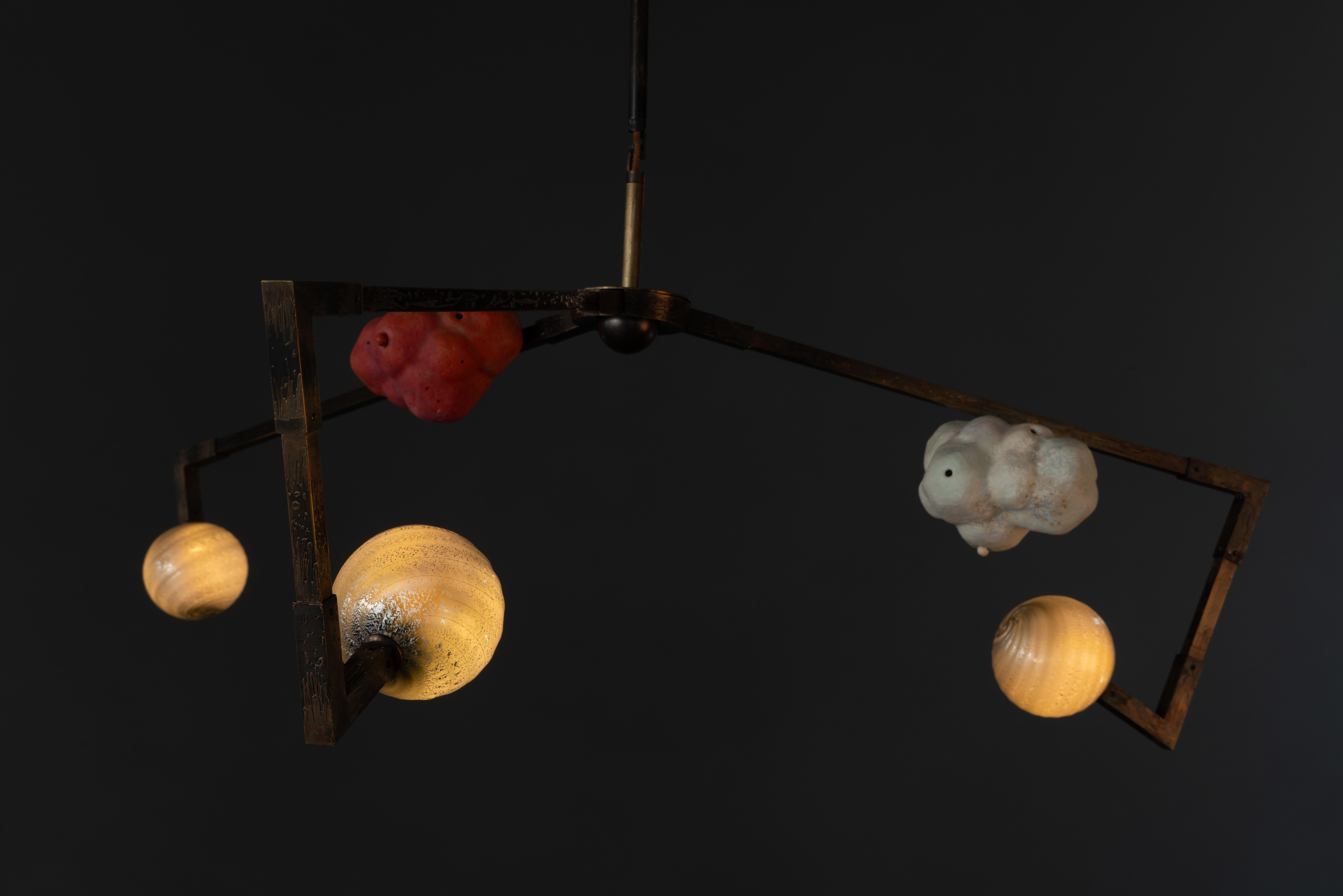 CB/ASYM Chandelier Etched Brass, Porcelain, Glass Handmade Andrea Claire Studio For Sale 1