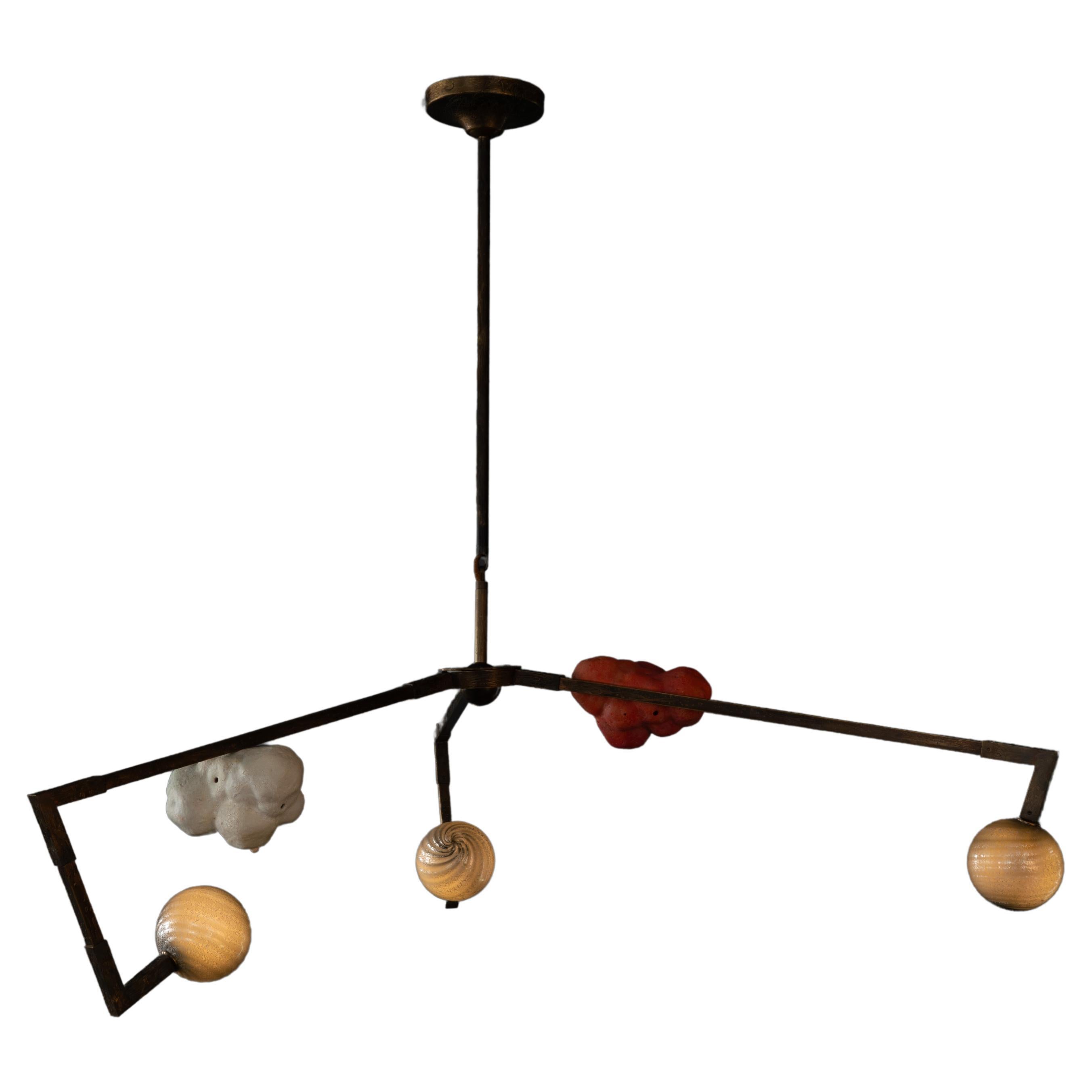 CB/ASYM Chandelier Etched Brass, Porcelain, Glass Handmade Andrea Claire Studio For Sale