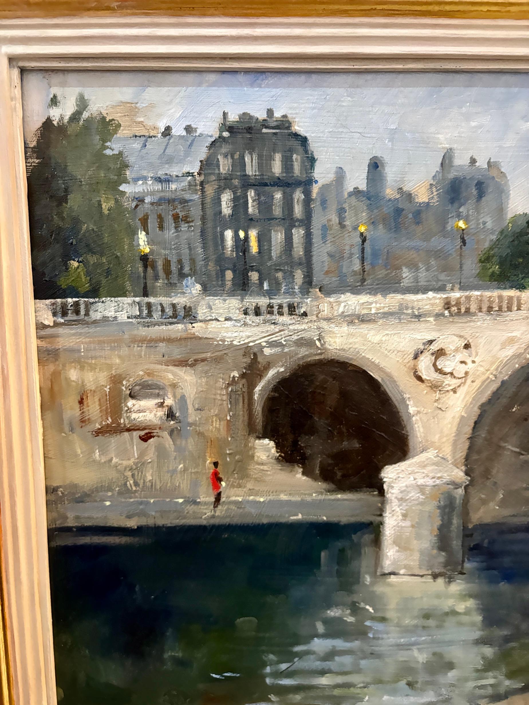 Le Pont Neuf - scène parisienne - Marron Landscape Painting par C.B Hall