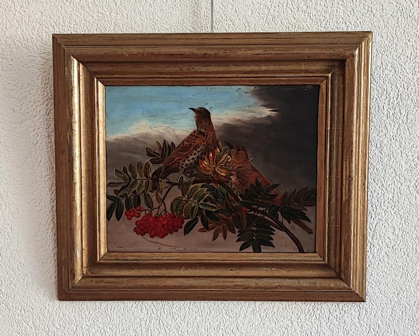 Vogelpaar auf einem fruchtigen Zweig – Painting von C.B. HJORTDAL