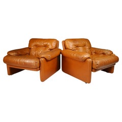 C&B Italia "Coronado" Patinated Cognac Leather Armchairs by Tobia Scarpa, 1970s