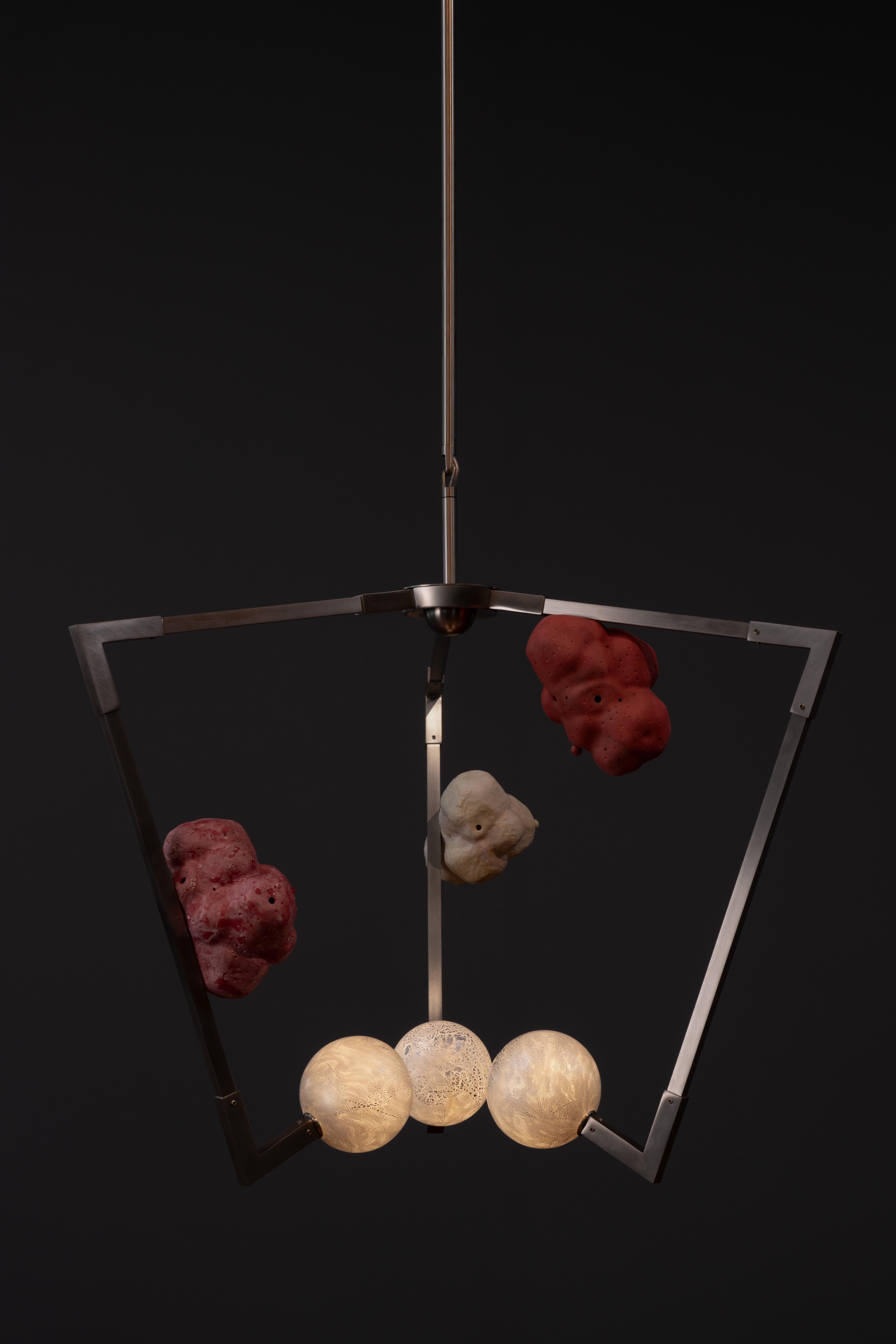 Cast CB/MD Chandelier in Brass, Porcelain & Glass Handmade by Andrea Claire Studio For Sale