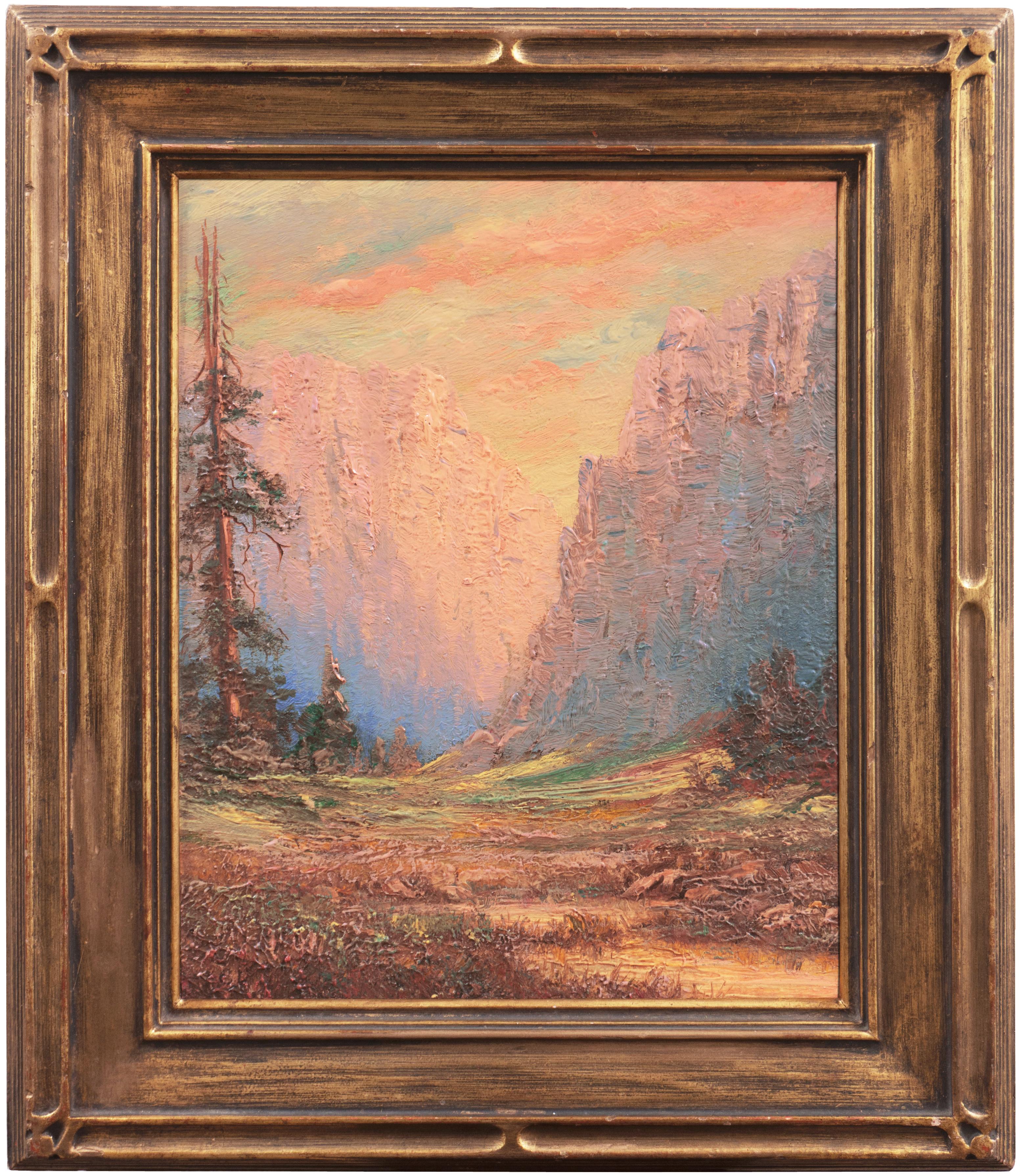 Landscape Painting C.B. - « Sunset Over El Capitan », Impressionnisme américain, paysage de Yosemite, Californie