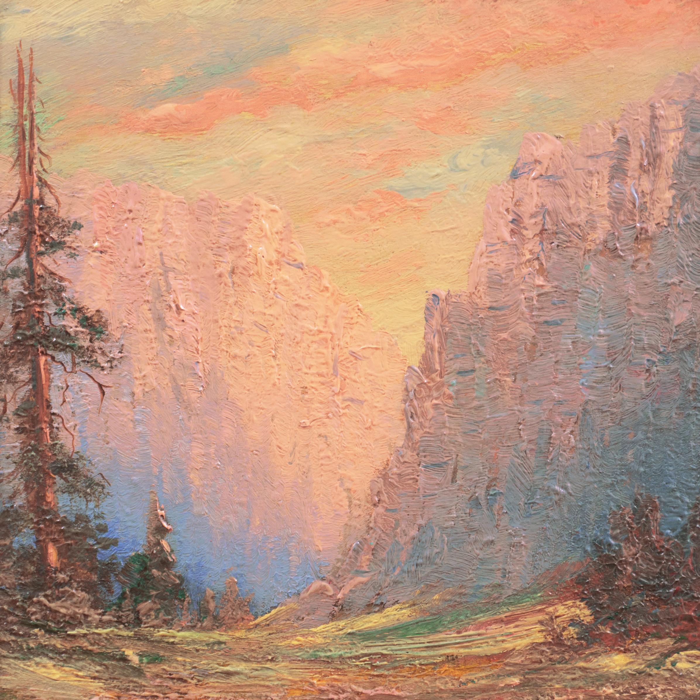 'Sunset Over El Capitan', American Impressionism, Yosemite, California Landscape - Brown Landscape Painting by C.B.