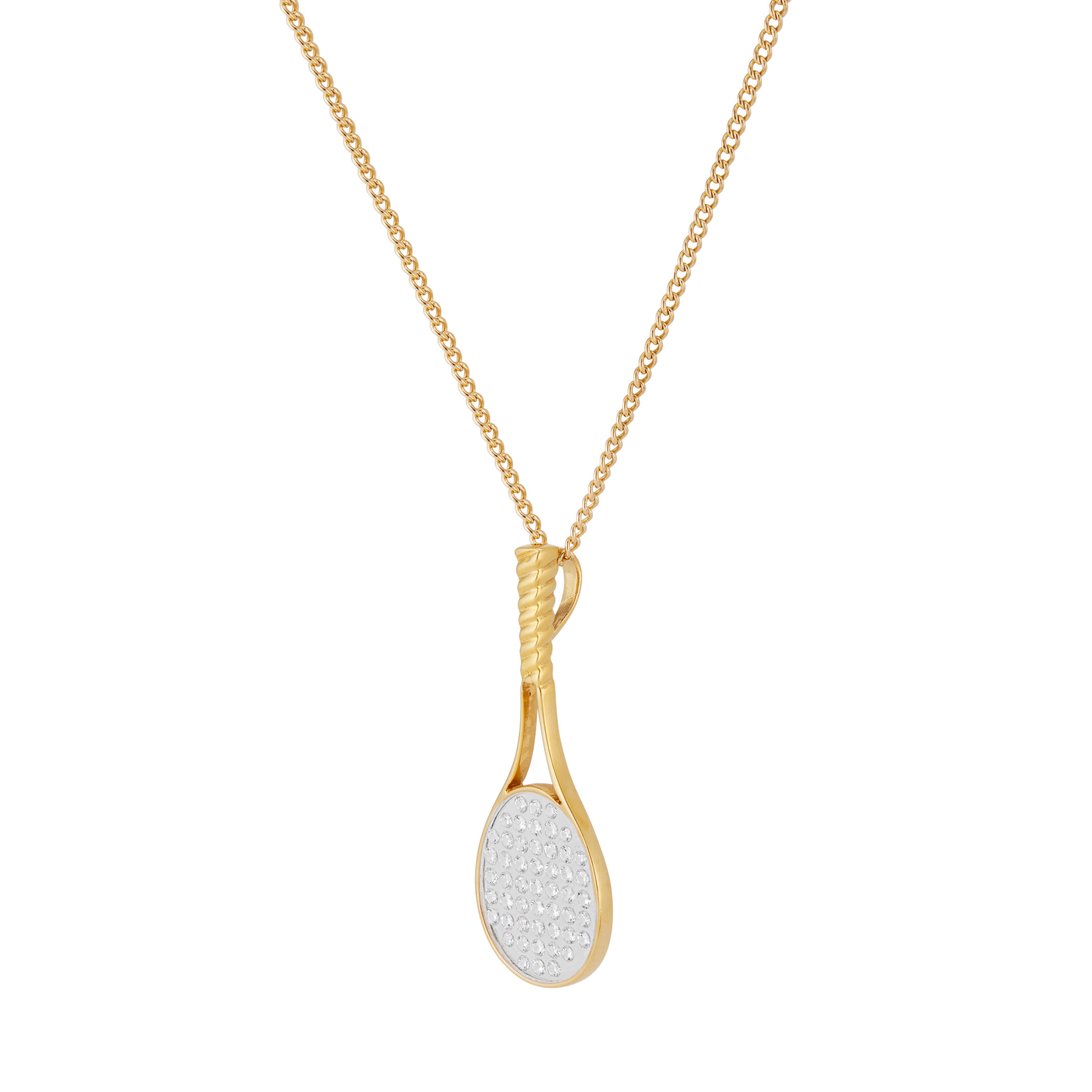 Designer CBI 18k yellow gold diamond tennis racket pendant necklace. 51 brilliant cut diamonds encased in clear Lucite in 18k yellow gold. 18 inches long. 

51 round brilliant cut diamonds, F-G SI approx. .50cts
18k yellow gold 
Stamped: 18k
4.8