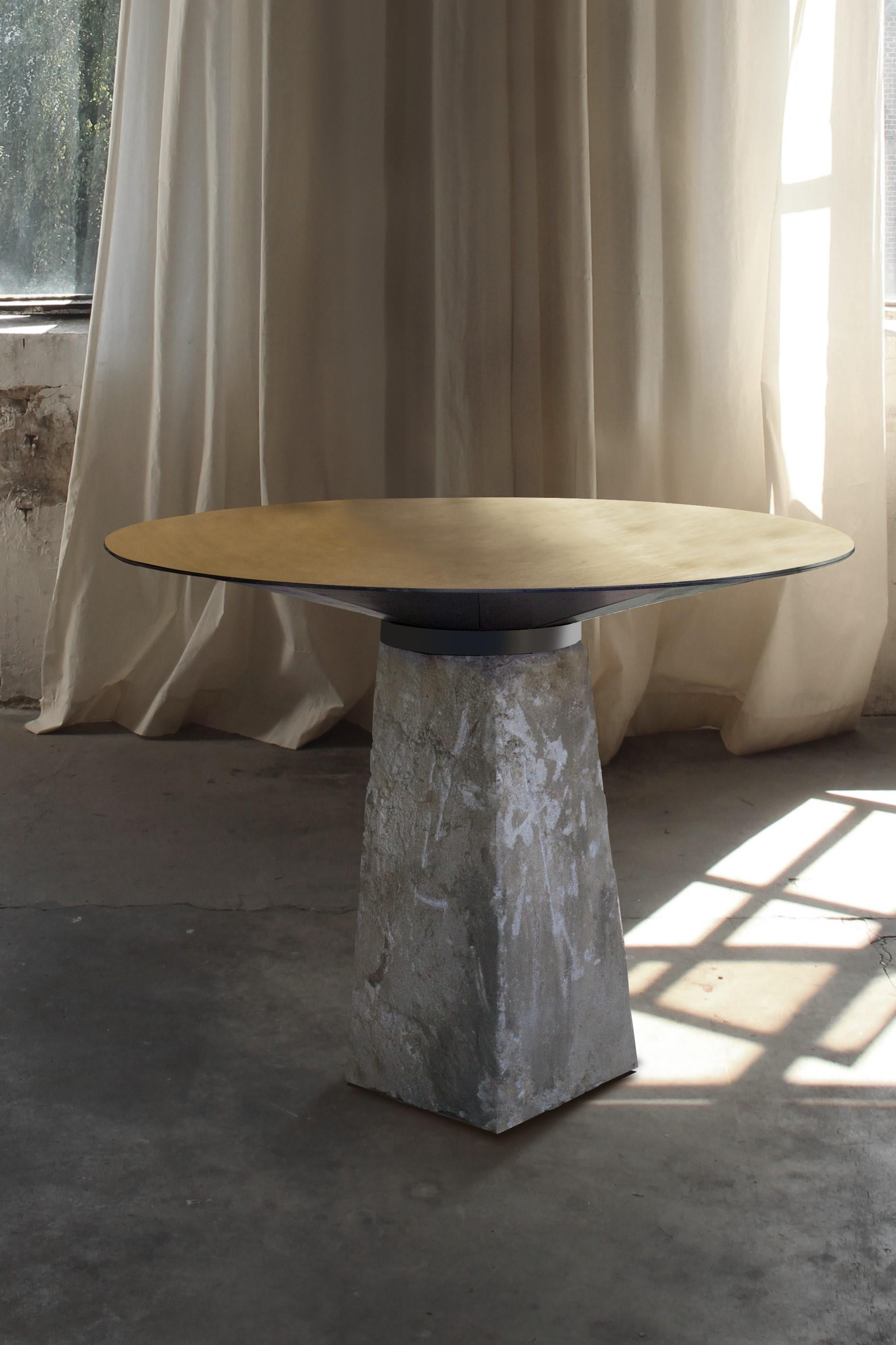 CBS_1 table by Jan Garncarek
Limited edition of 8 pieces
Signed 
Dimensions: 100 x 73 cm
Materials: Brass, steel, concrete.
Weight: 150 kg

The table is made out from unique elements. This piece has the concrete base - a vintage pedestal which is