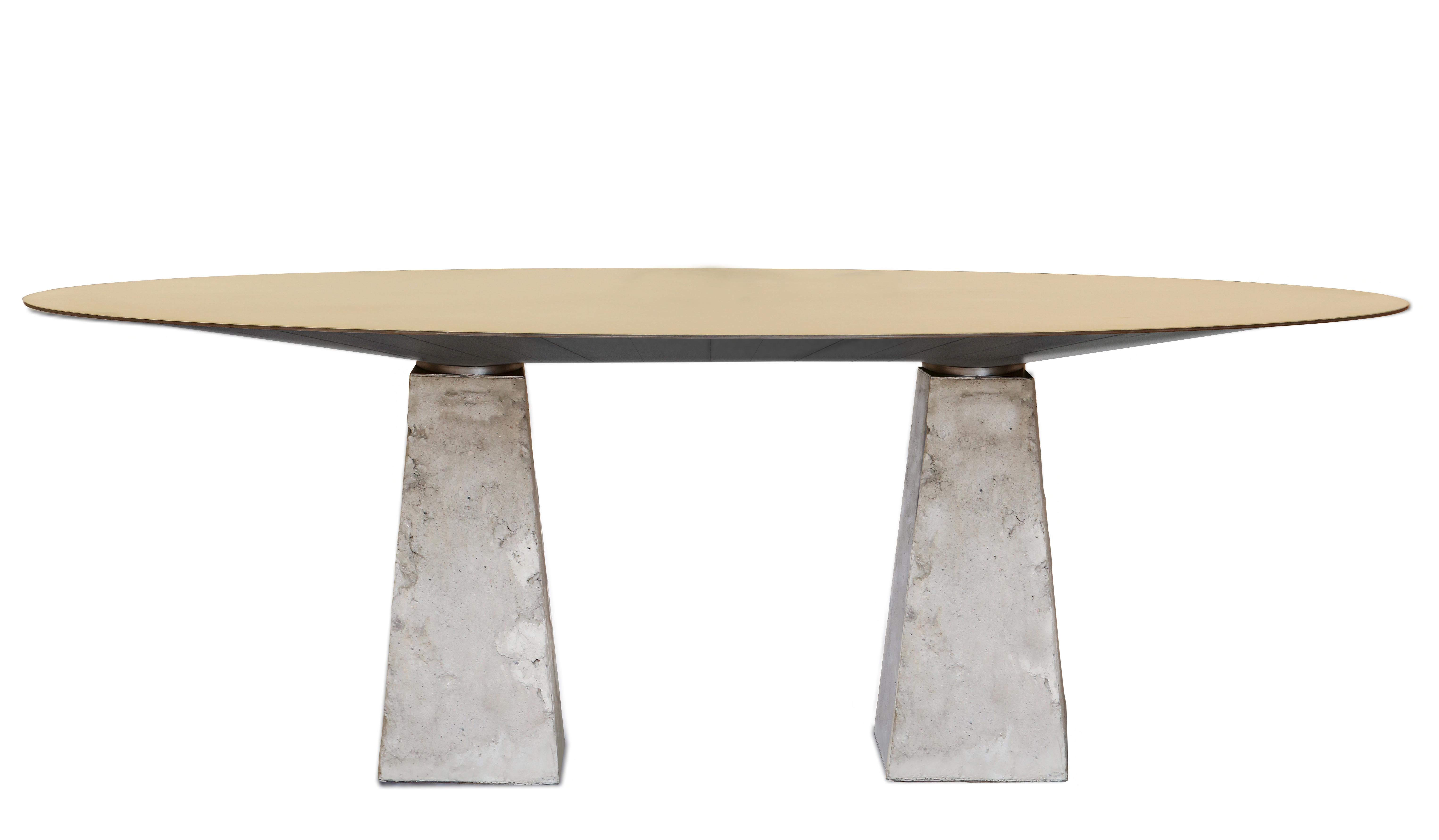 CBS_2 table by Jan Garncarek
Limited Edition of 2
Dimensions: D 100 x W 200 x H 73 cm
Material: Brass, concrete, steel.
Weight: 320 kg

The table is made out from unique elements. This piece has the concrete base - a vintage pedestal which is around