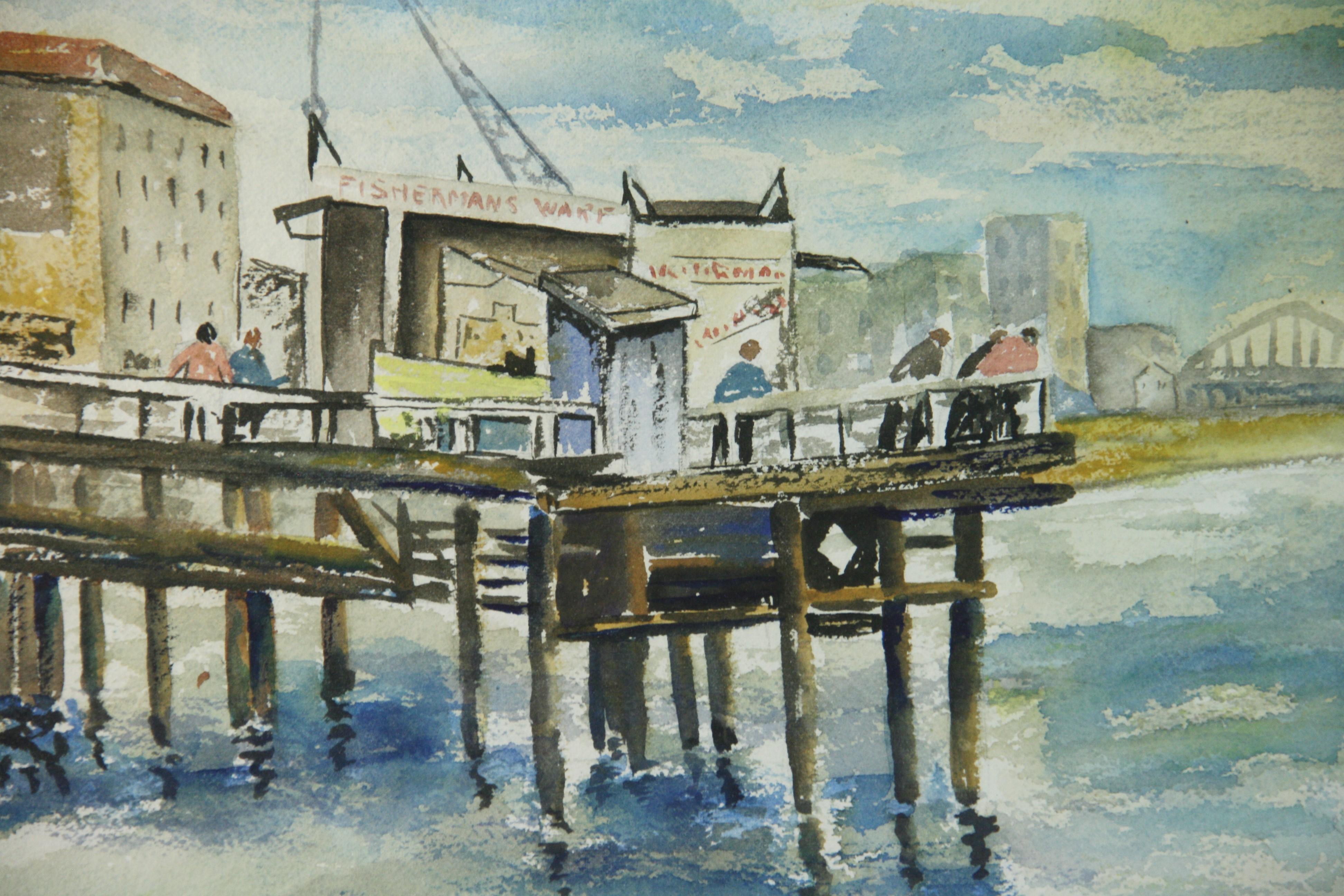 Antikes San Francisco Fishermans Warf von C.B.Wasner (Grau), Landscape Painting, von C.B.Warner