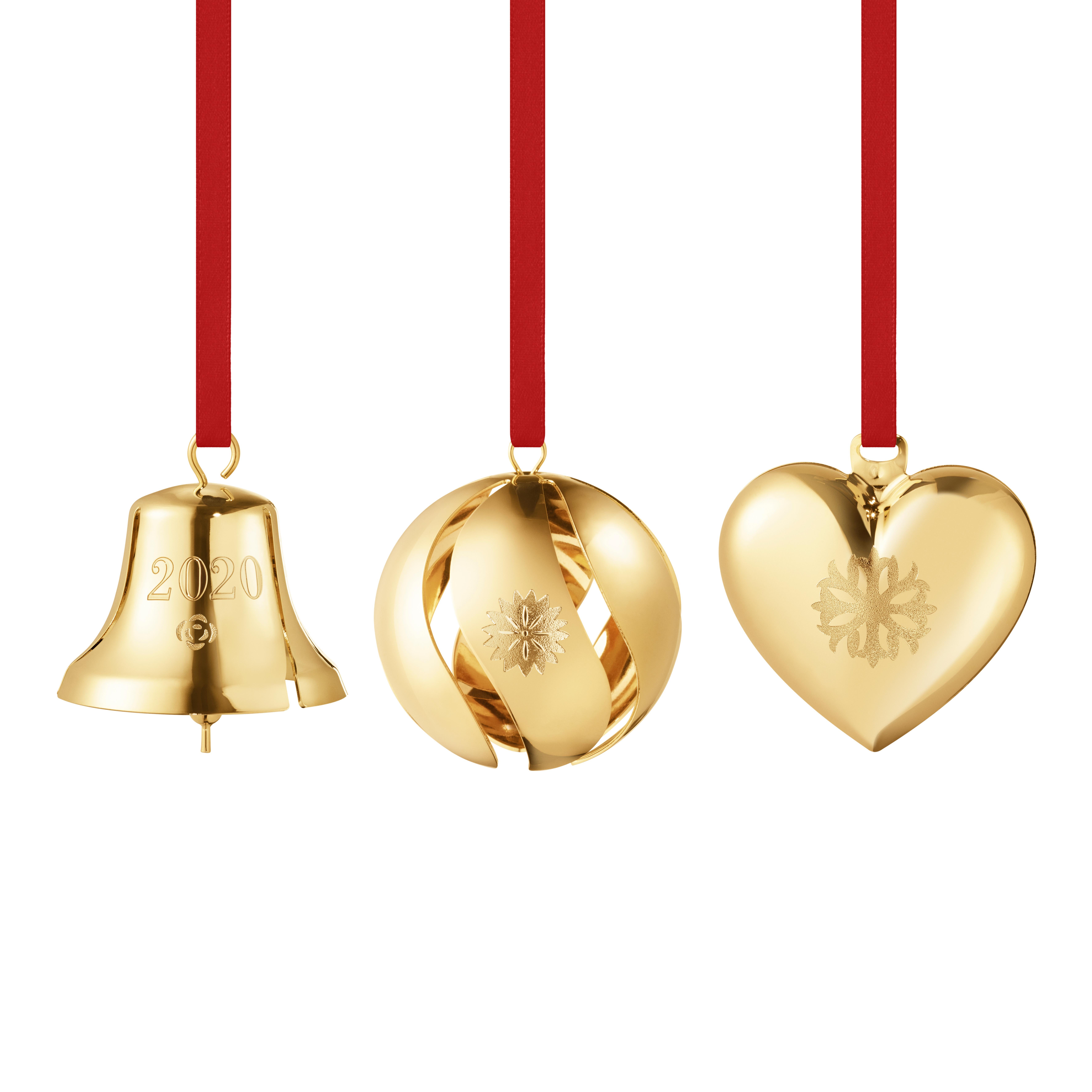 2020 Collectibles Gift Set, 3 pc, bell, ball, heart, 18 kt gold plated brass