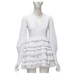 Used CC CAMILLA CAPPELLI white eyelet deep V peasant sleeve tiered frilly dress XS