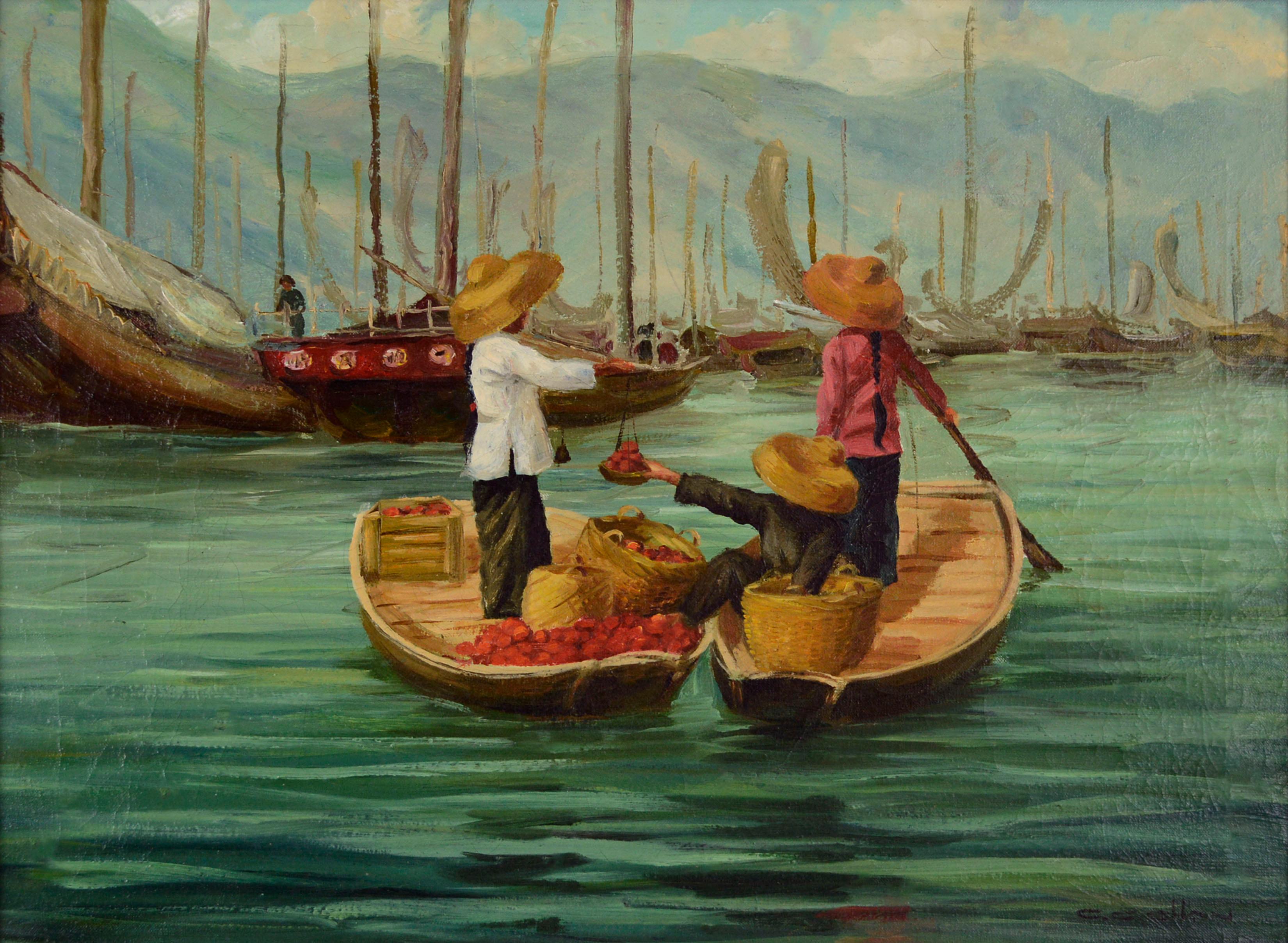 Mid Century Figurative Seascape, Shanghai Floating Market - Painting by C.C. Chan