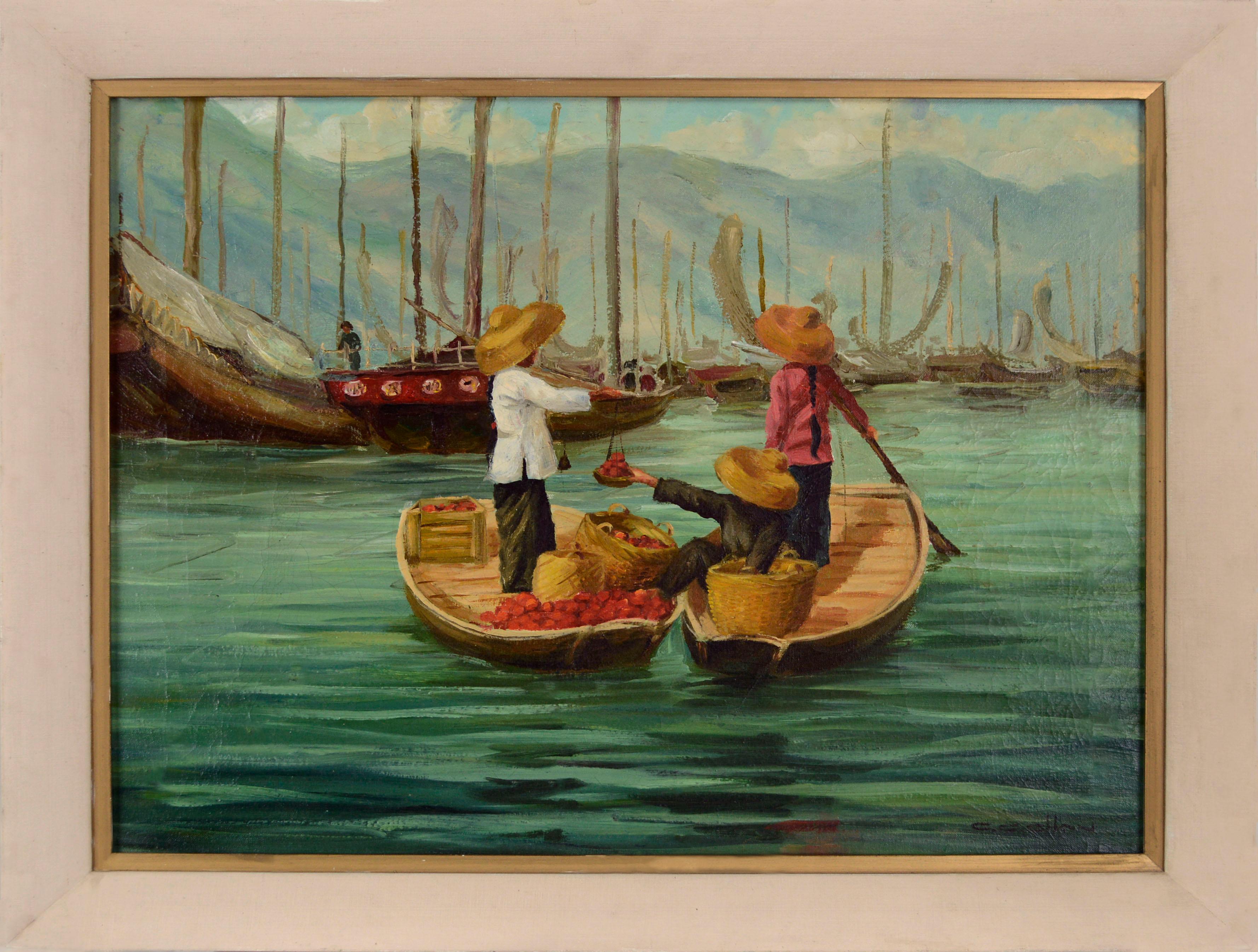 C.C. Chan Landscape Painting - Mid Century Figurative Seascape, Shanghai Floating Market