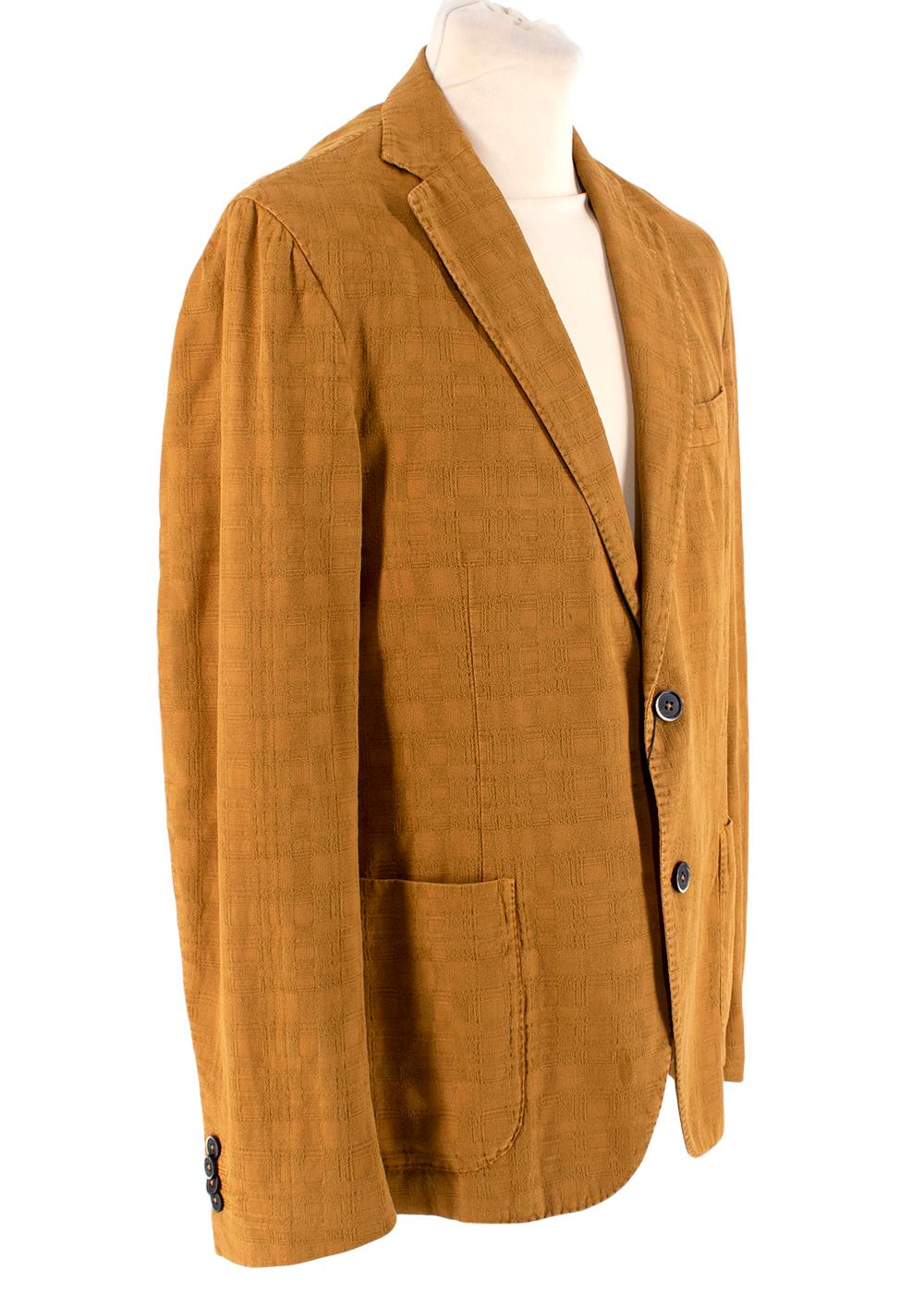 CC Collection Corneliani Ochre Cotton Linen Textured Blazer

- Rich ochre yellow shade
- Textured cotton linen blend with tone-on-tone check running throughout
- Single-breasted, relaxed silhouette
- Unlined 
- Notch lapel, 1 breast pocket, 2 flap
