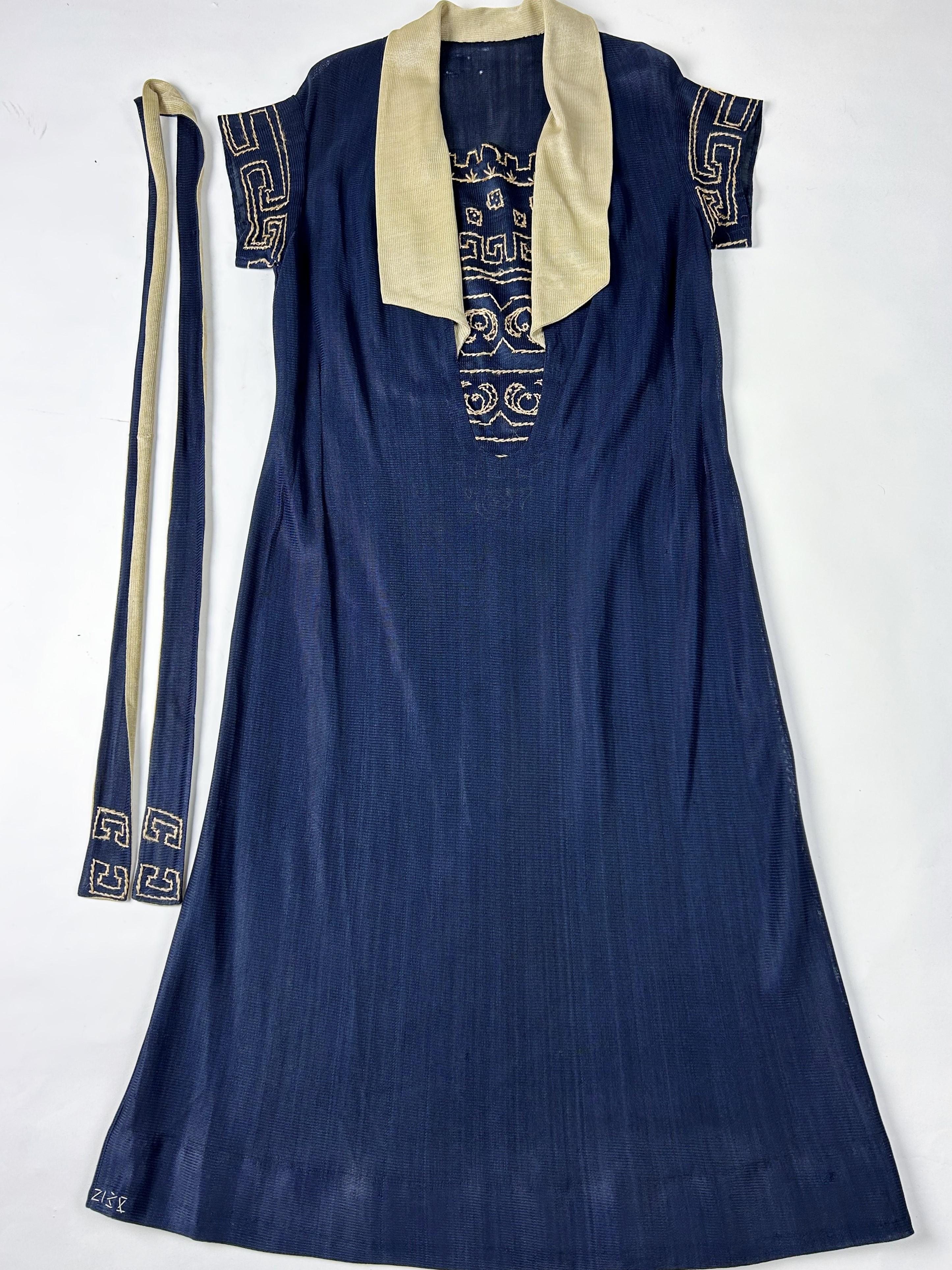 Women's CC embroidered jersey knit silk Dress in the style of Coco Chanel France C. 1920 For Sale