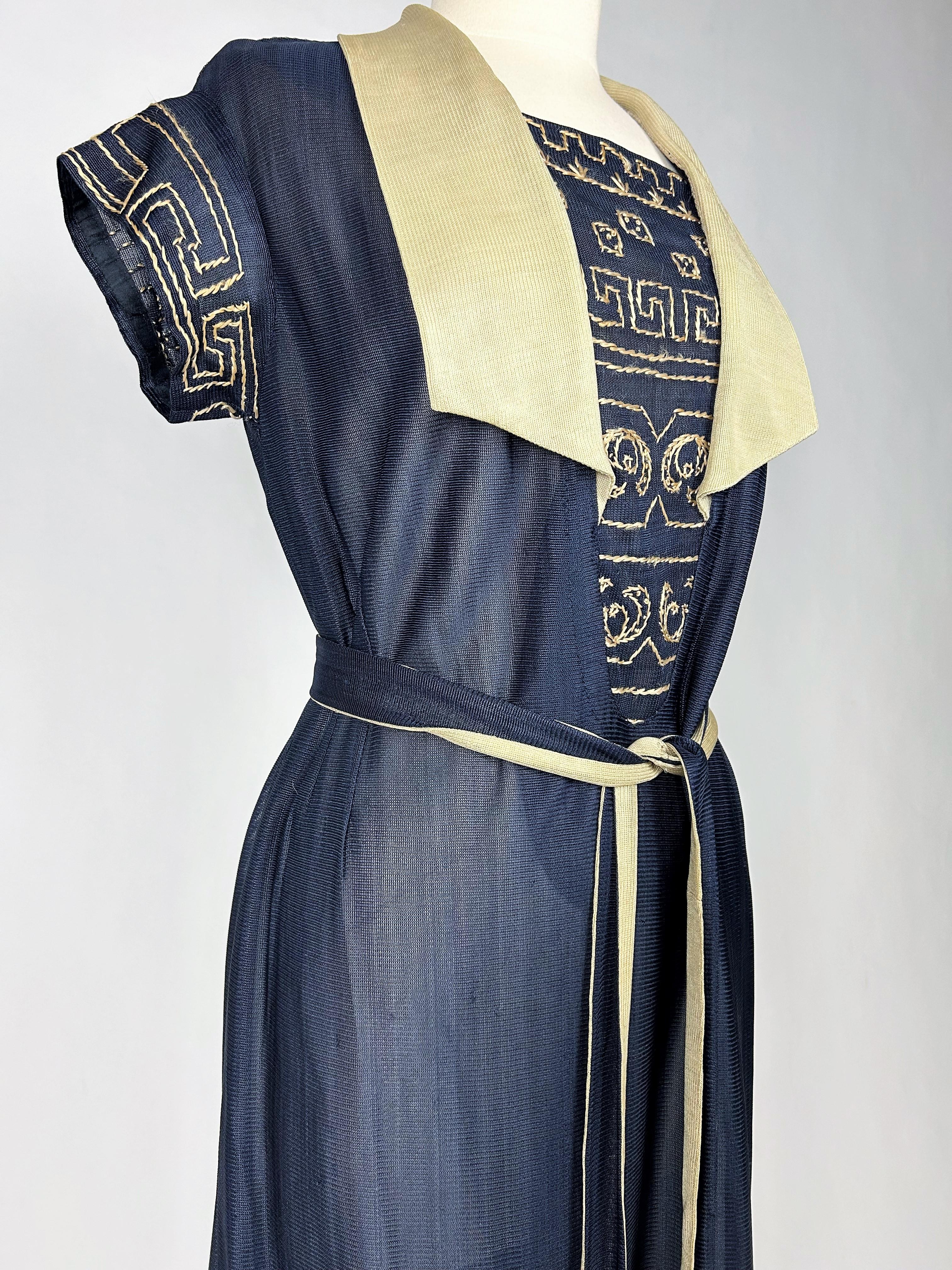 CC embroidered jersey knit silk Dress in the style of Coco Chanel France C. 1920 For Sale 4