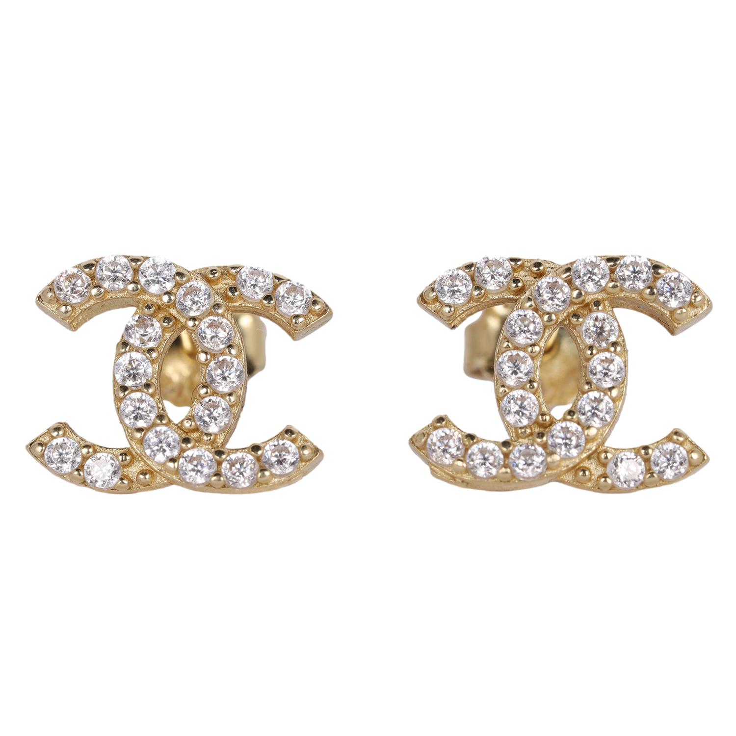 CC Rhinestone Pierced Earrings 14kt Yellow Gold In New Condition For Sale In Salt Lake Cty, UT
