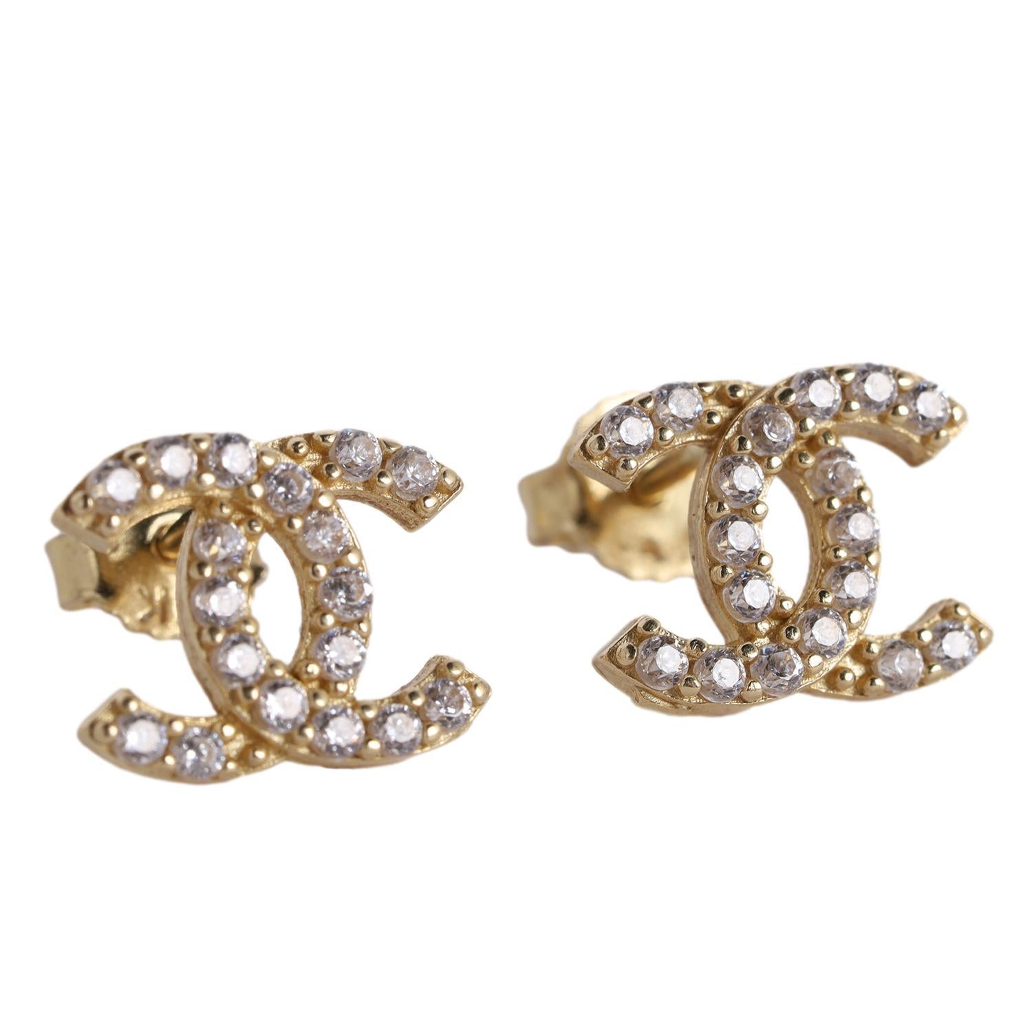 Women's CC Rhinestone Pierced Earrings 14kt Yellow Gold For Sale