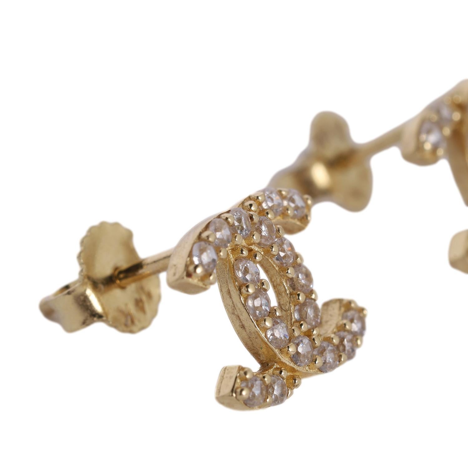 CC Rhinestone Pierced Earrings 14kt Yellow Gold For Sale 1