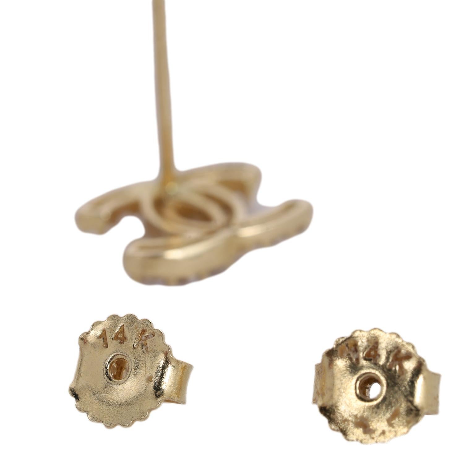CC Rhinestone Pierced Earrings 14kt Yellow Gold For Sale 4